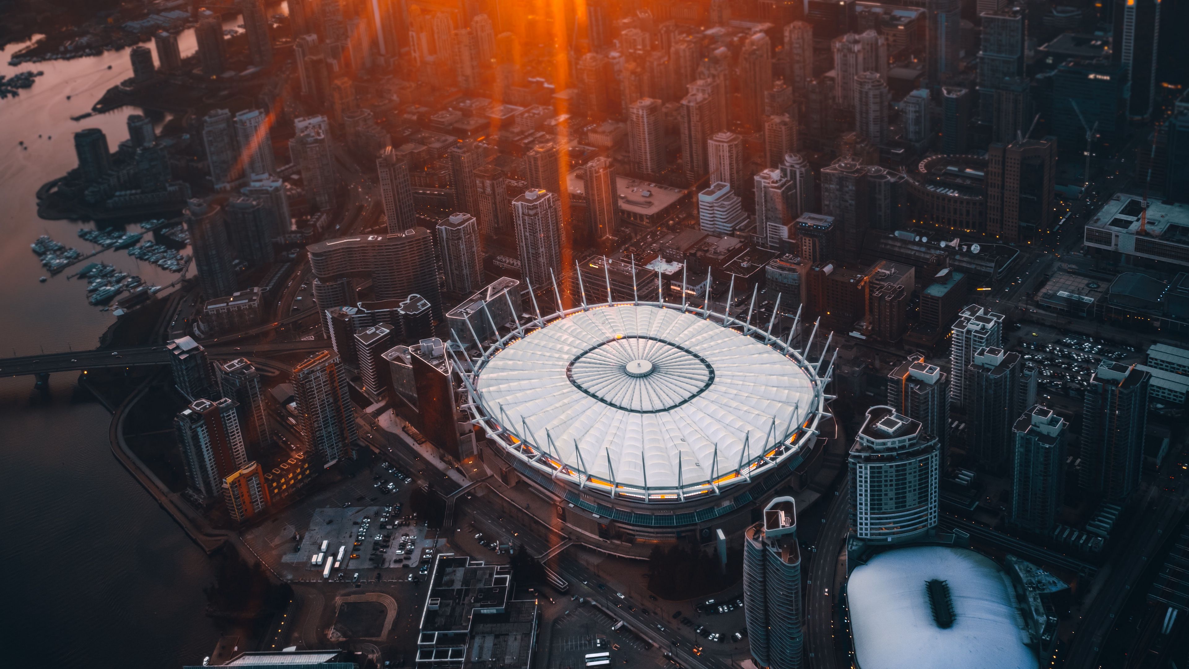 city, aerial view, sunset, sunlight, architecture, 4k, HD Wallpaper
