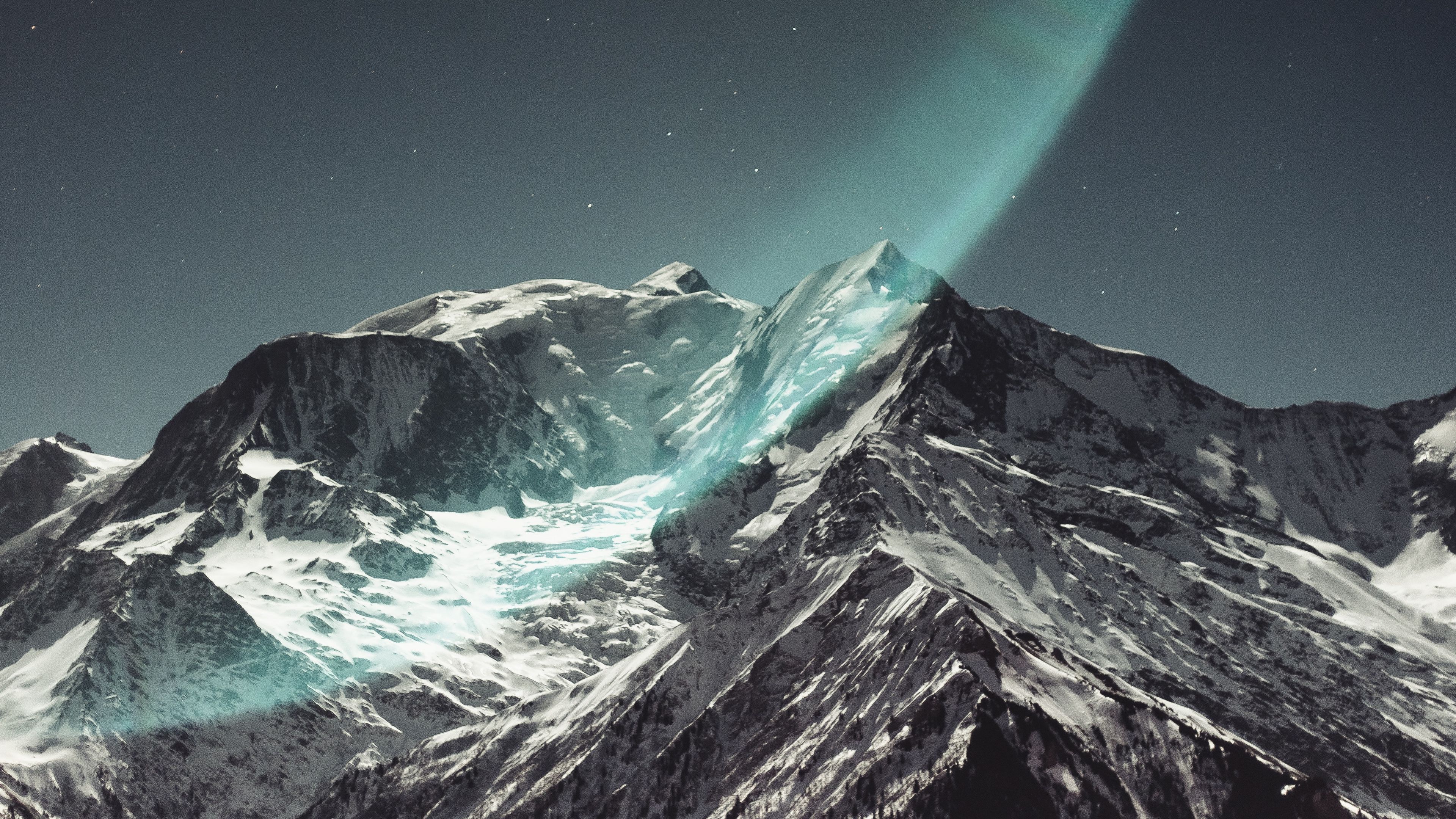 mountain, peak, snowy, light, starry sky, 4k, HD Wallpaper