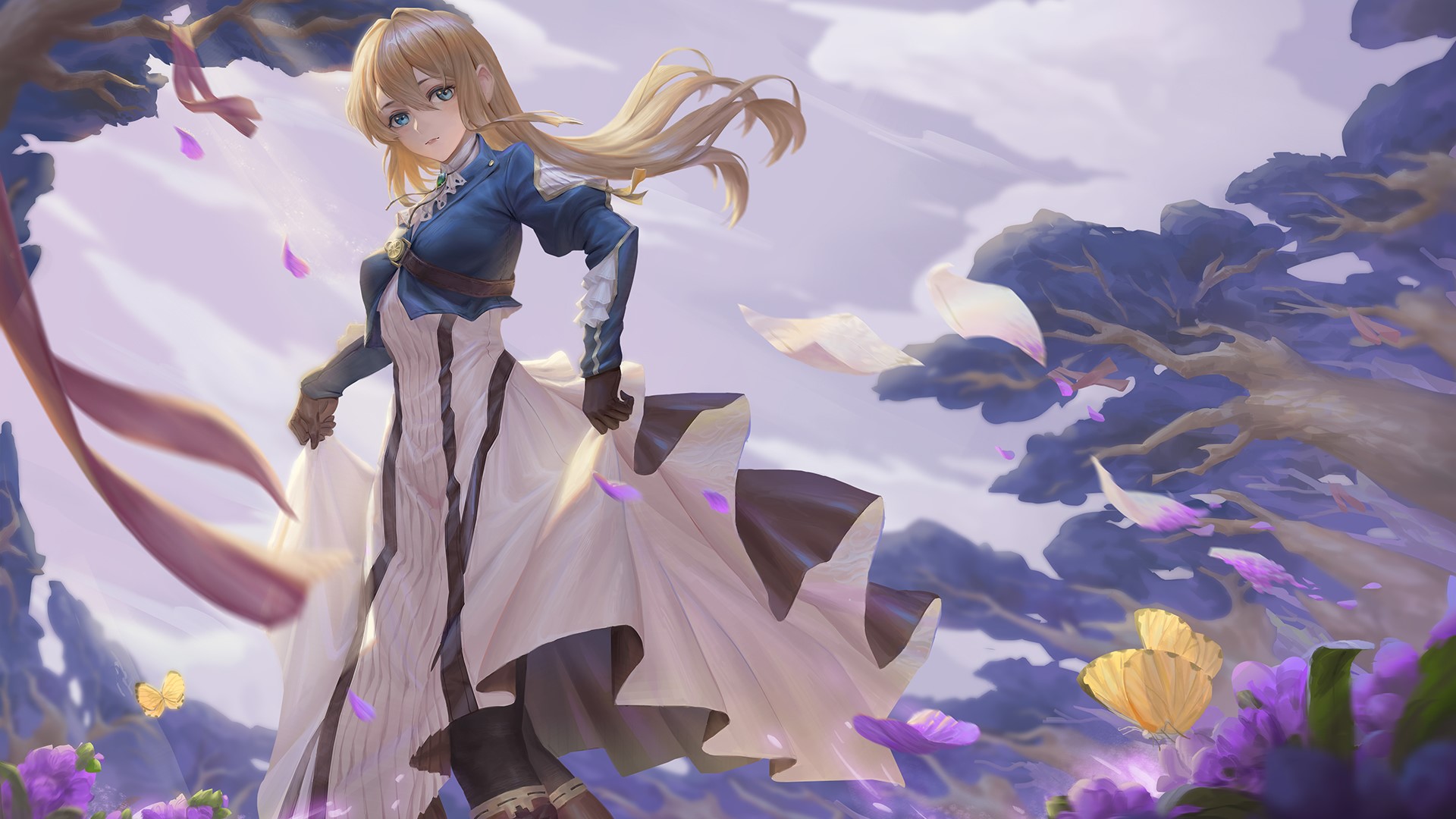 long hair, blonde, gloves, clouds, trees, drawing, artwork, anime girls, low-angle, Violet Evergarden, HD Wallpaper