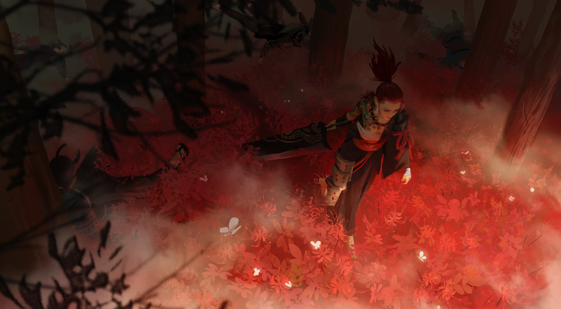 samurai, sword, women, forest, trees, armor, ponytail, tattoo, flowers, artwork, high angle, HD Wallpaper