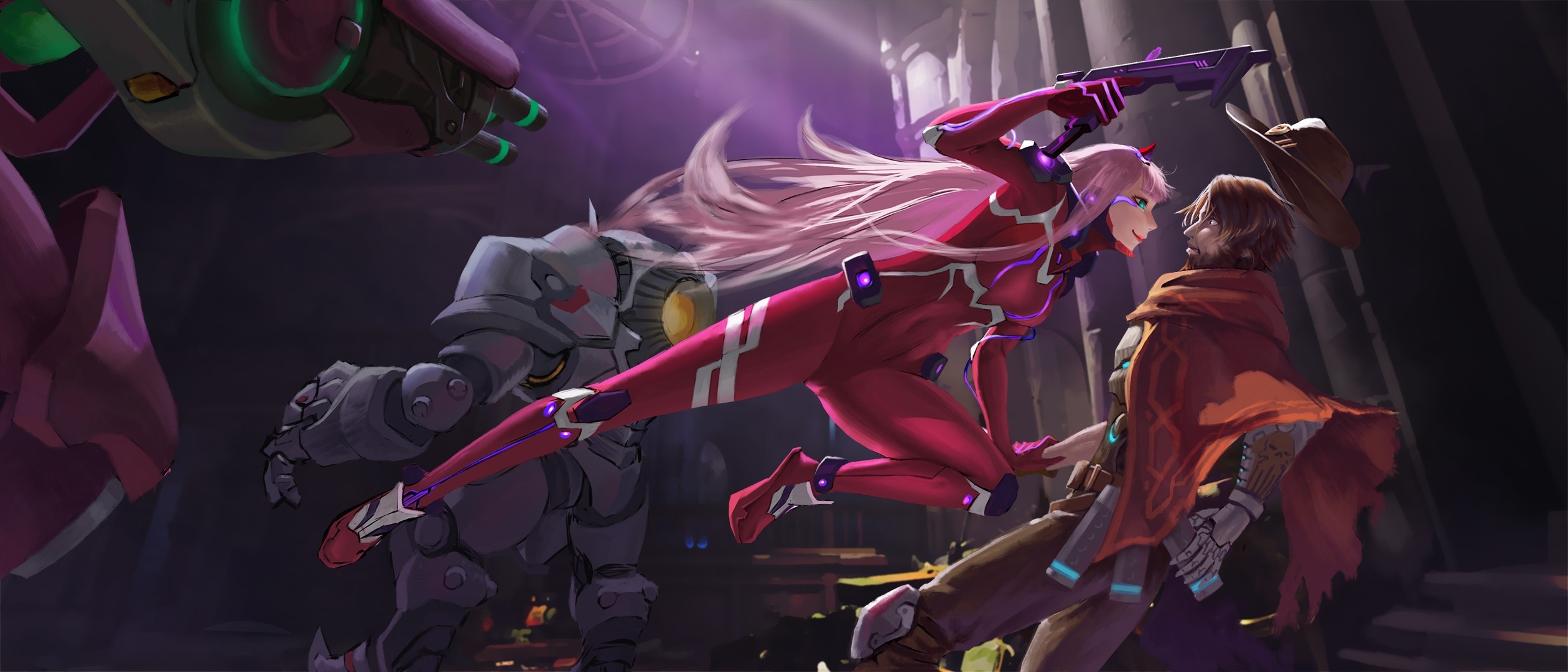 Zero Two (Darling in the FranXX), Code:002, McCree (Overwatch), Darling in the FranXX, Overwatch, anime girls, anime, video games, video game characters, crossover, face to face, girls with guns, weapon, fantasy art, fantasy girl, artwork, drawing, digital art, illustration, fan art, science fiction, 2D, glowing, profile, glowing eyes, armor, HD Wallpaper