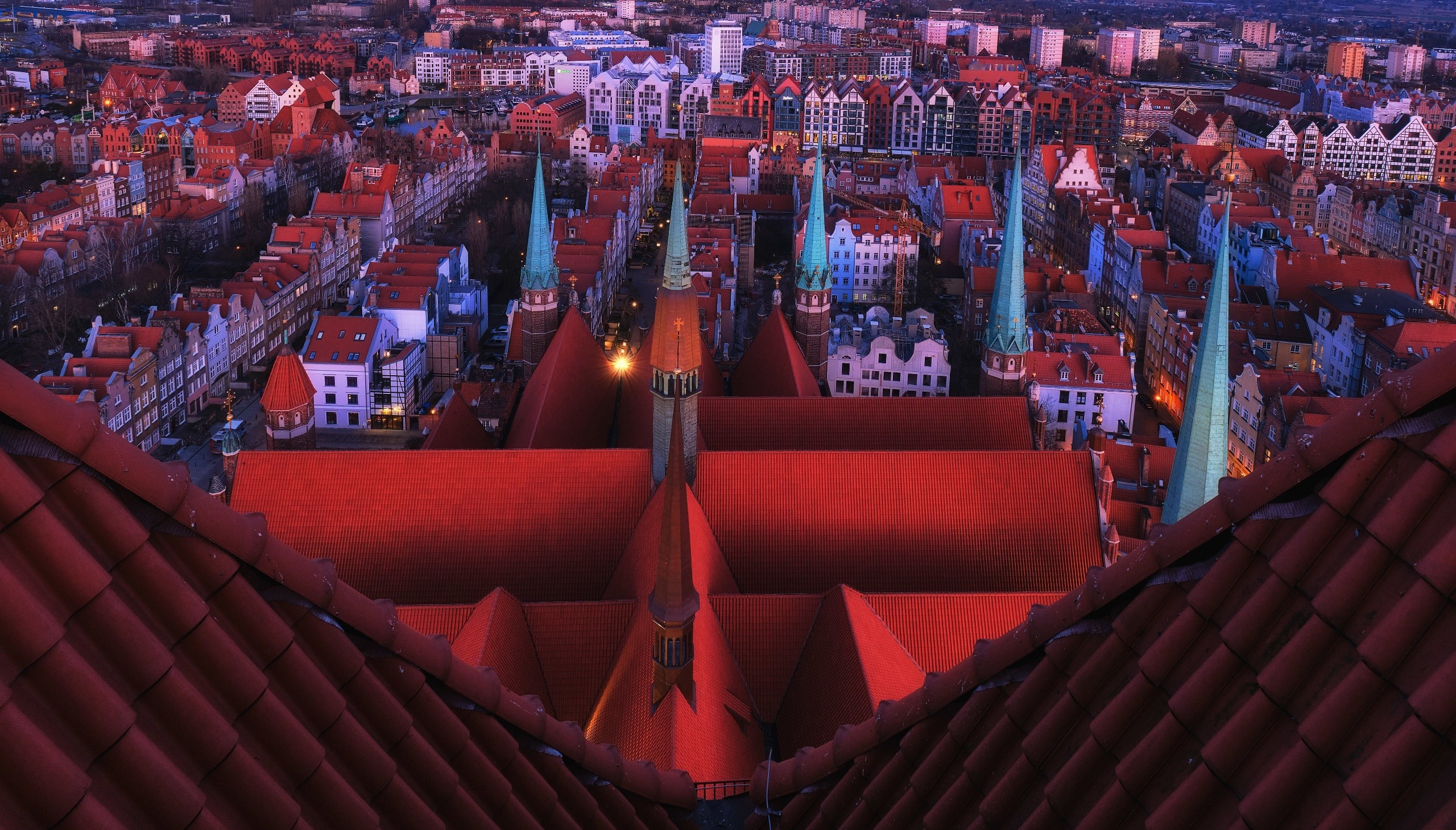 city, rooftops, colorful, evening, cityscape, Gdańsk, aerial view, Poland, Polish, HD Wallpaper