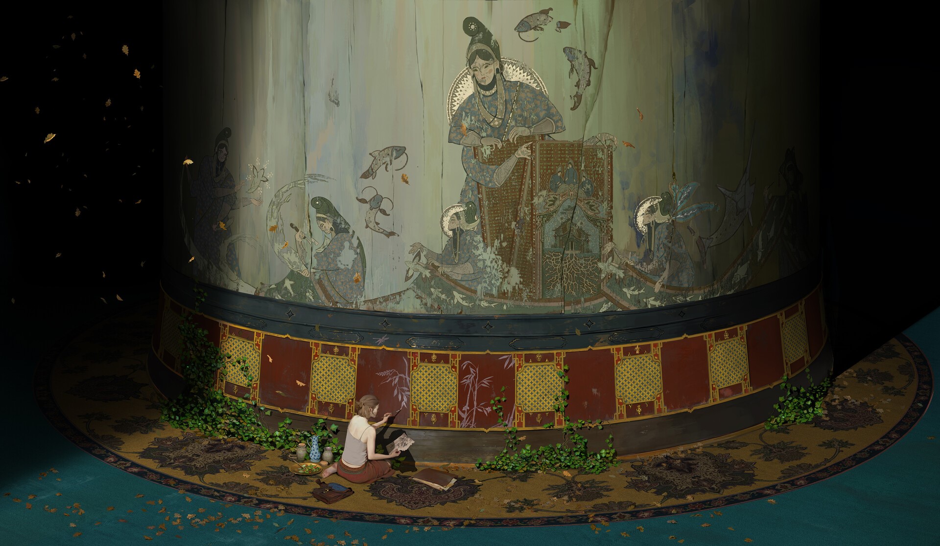 environment, pillar, painting, eastern, leaves, digital art, women, HD Wallpaper