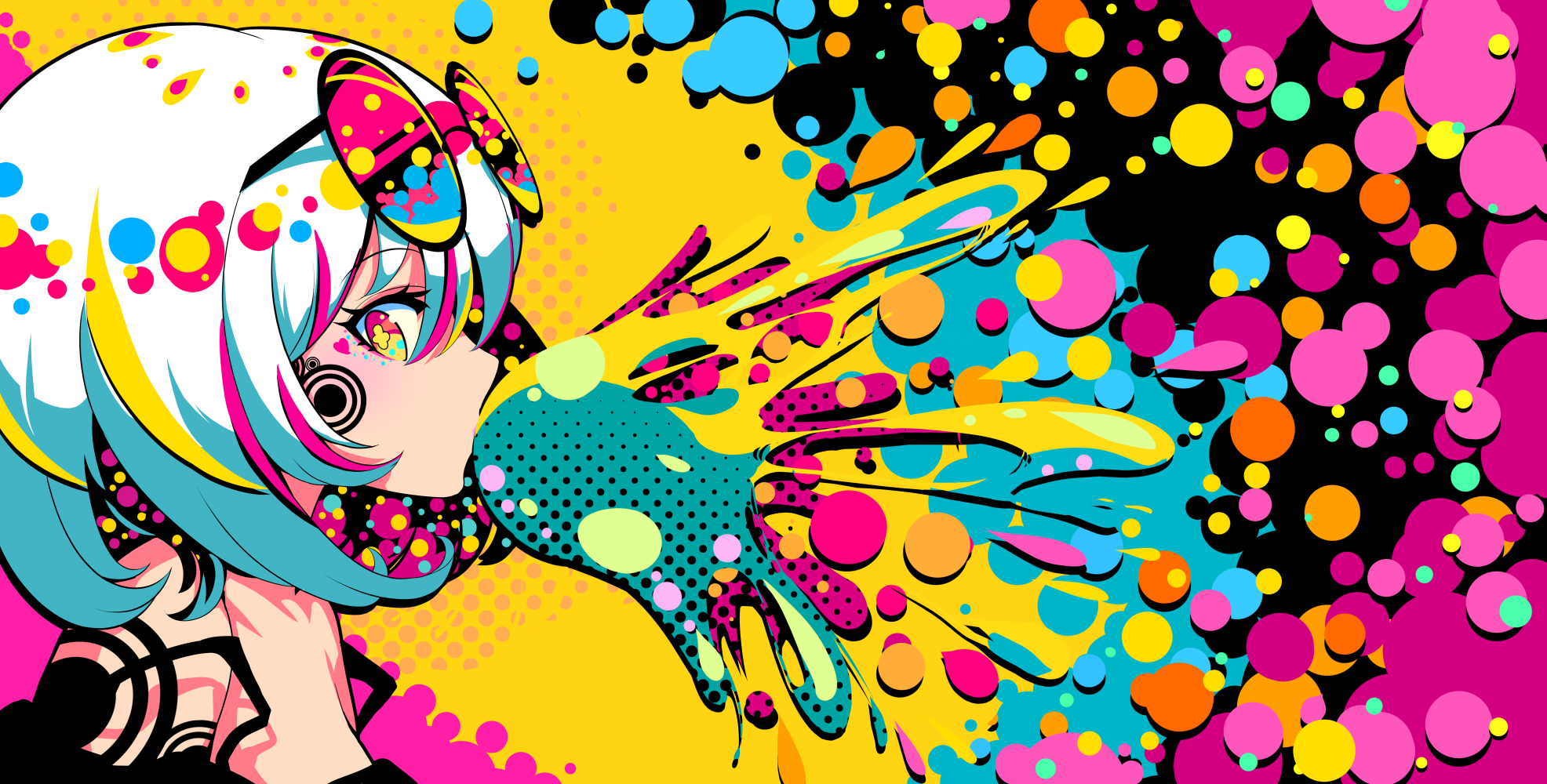 original characters, anime, anime girls, profile, psychedelic, sunglasses, looking at viewer, bubble gum, paint splash, colorful, splashes, artwork, drawing, digital art, illustration, 2D, Berry Verrine, polka dots, pink, HD Wallpaper