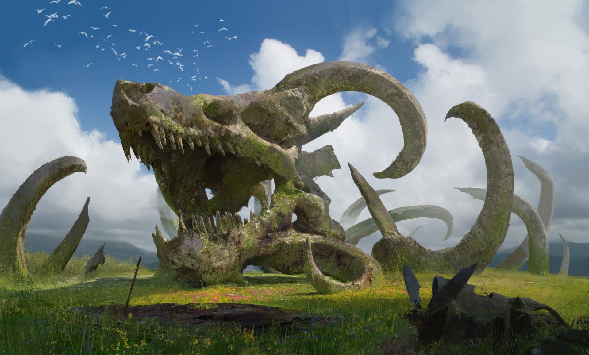 Swang, digital art, artwork, fantasy art, creature, horns, skeleton, HD Wallpaper