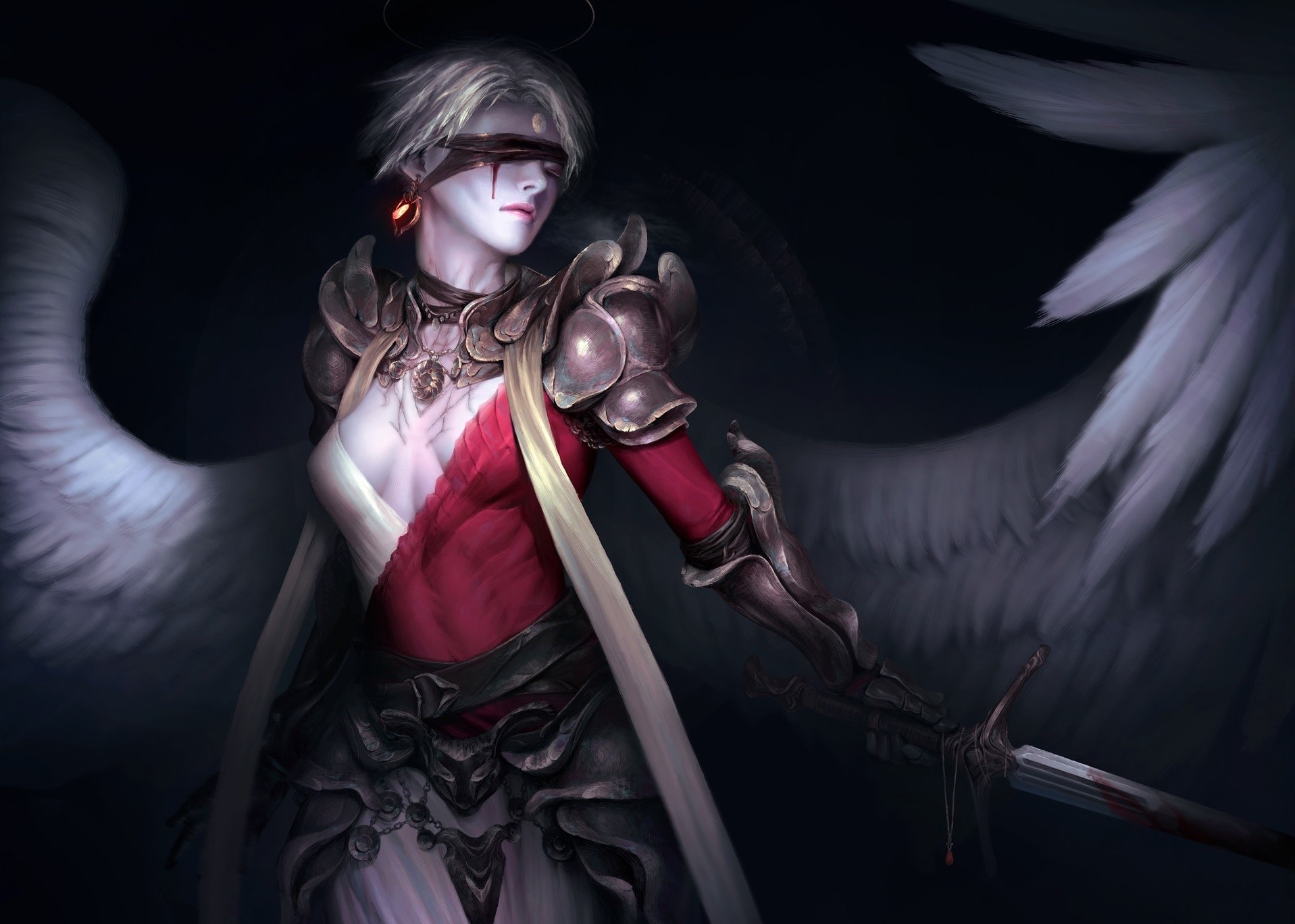 Bleeding Eyes, blindfold, wings, fantasy art, artwork, fantasy girl, HD Wallpaper