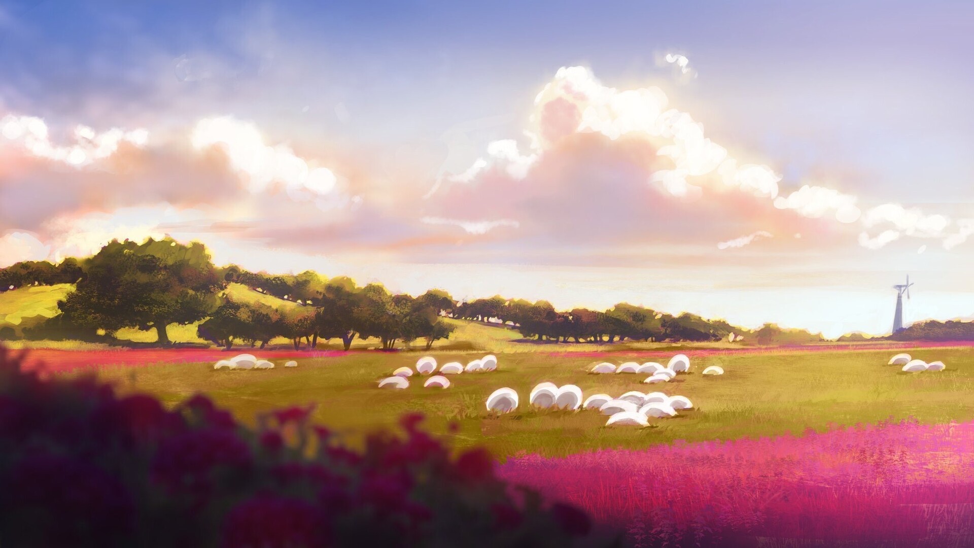 digital art, clouds, sunlight, sky, trees, sheep, animals, flowers, field, pink flower, HD Wallpaper
