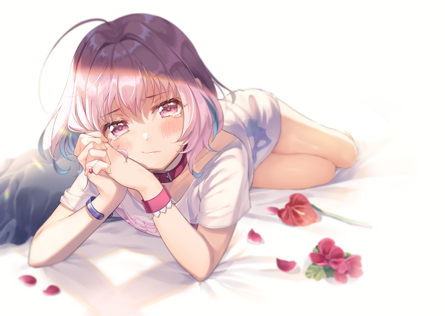 THE, short hair, pink hair, pink eyes, collar, blush, petals, Fang, tears, wristwear, anime girls, anime, flowers, white background, purple hair, Riamu Yumemi, HD Wallpaper