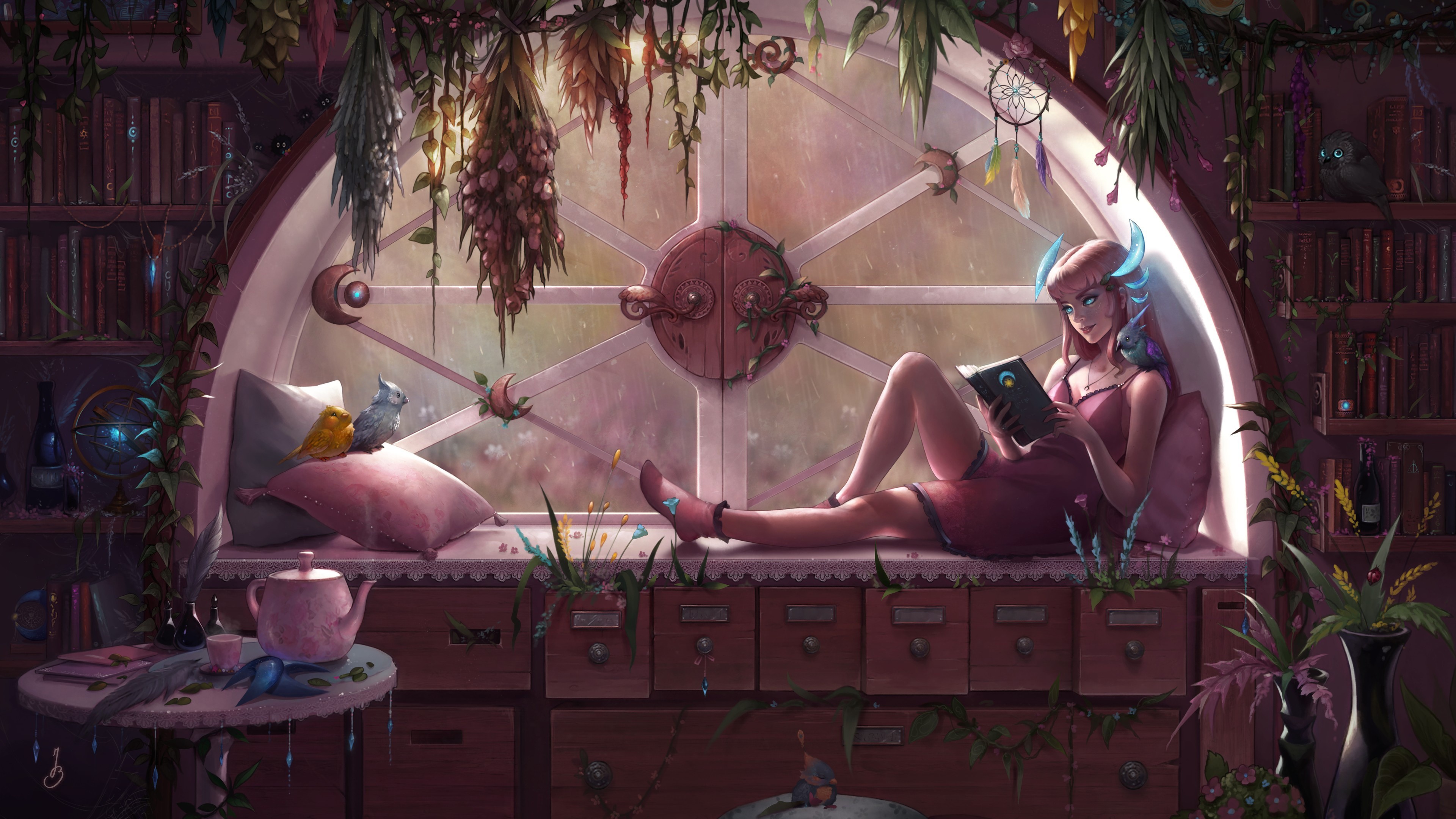 artwork, Jenny Brozek, birds, window, women, flowers, books, HD Wallpaper