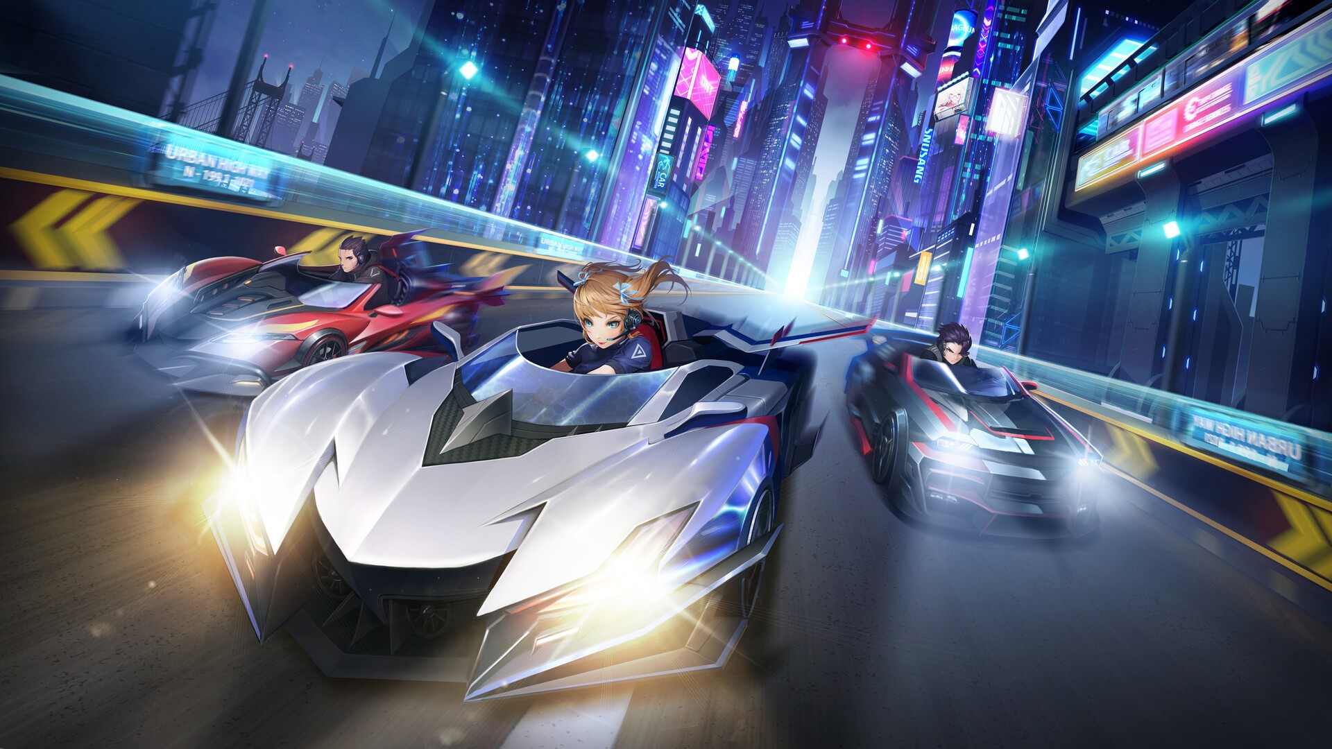 Bageumi, drawing, city, night, city lights, car, racer, motion blur, street, driving, Car racing, HD Wallpaper