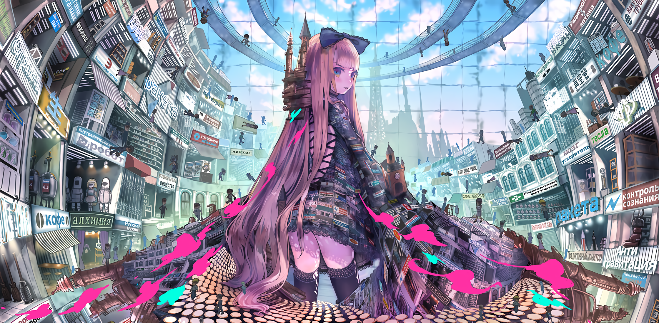 anime girls, JohnHathway, anime, long hair, cityscape, pink hair, HD Wallpaper