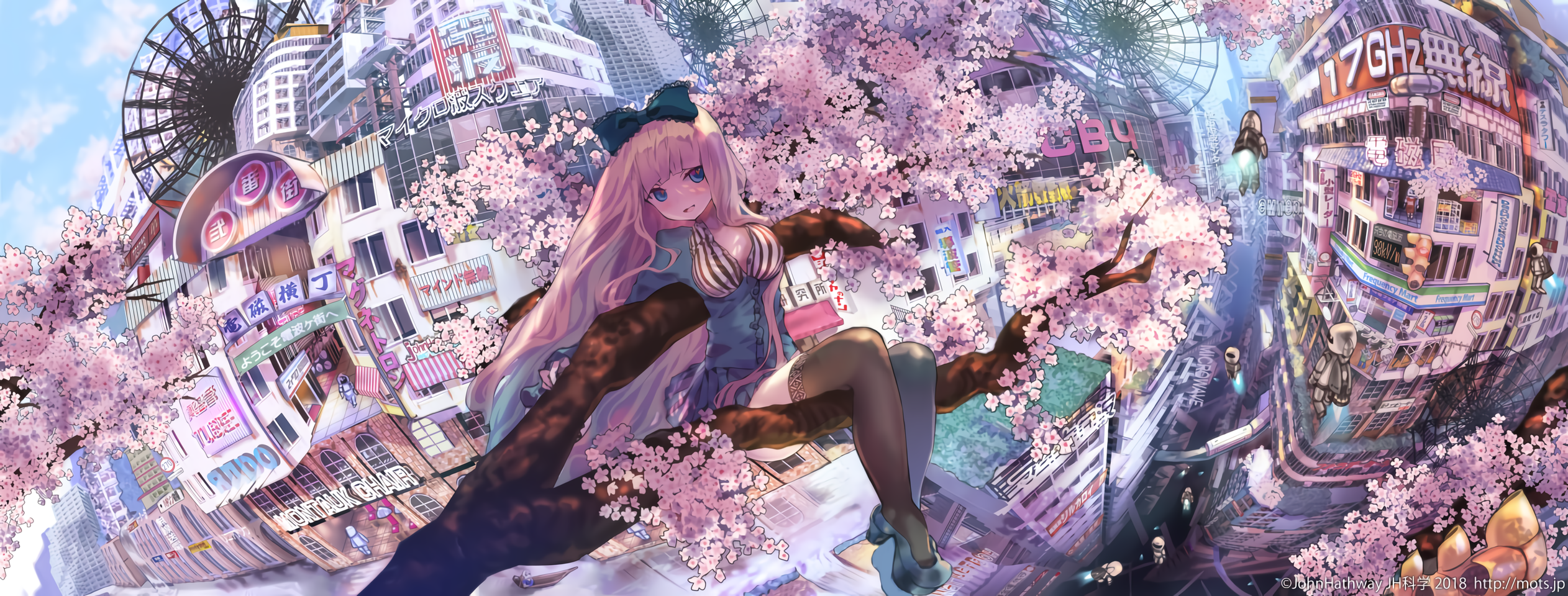 anime girls, JohnHathway, anime, colorful, pink hair, long hair, cityscape, HD Wallpaper