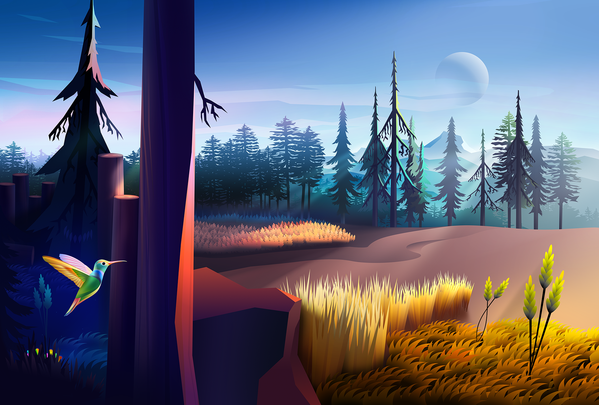 colorful, field, grass, landscape, Moon, trees, colibri (bird), byrotek, HD Wallpaper