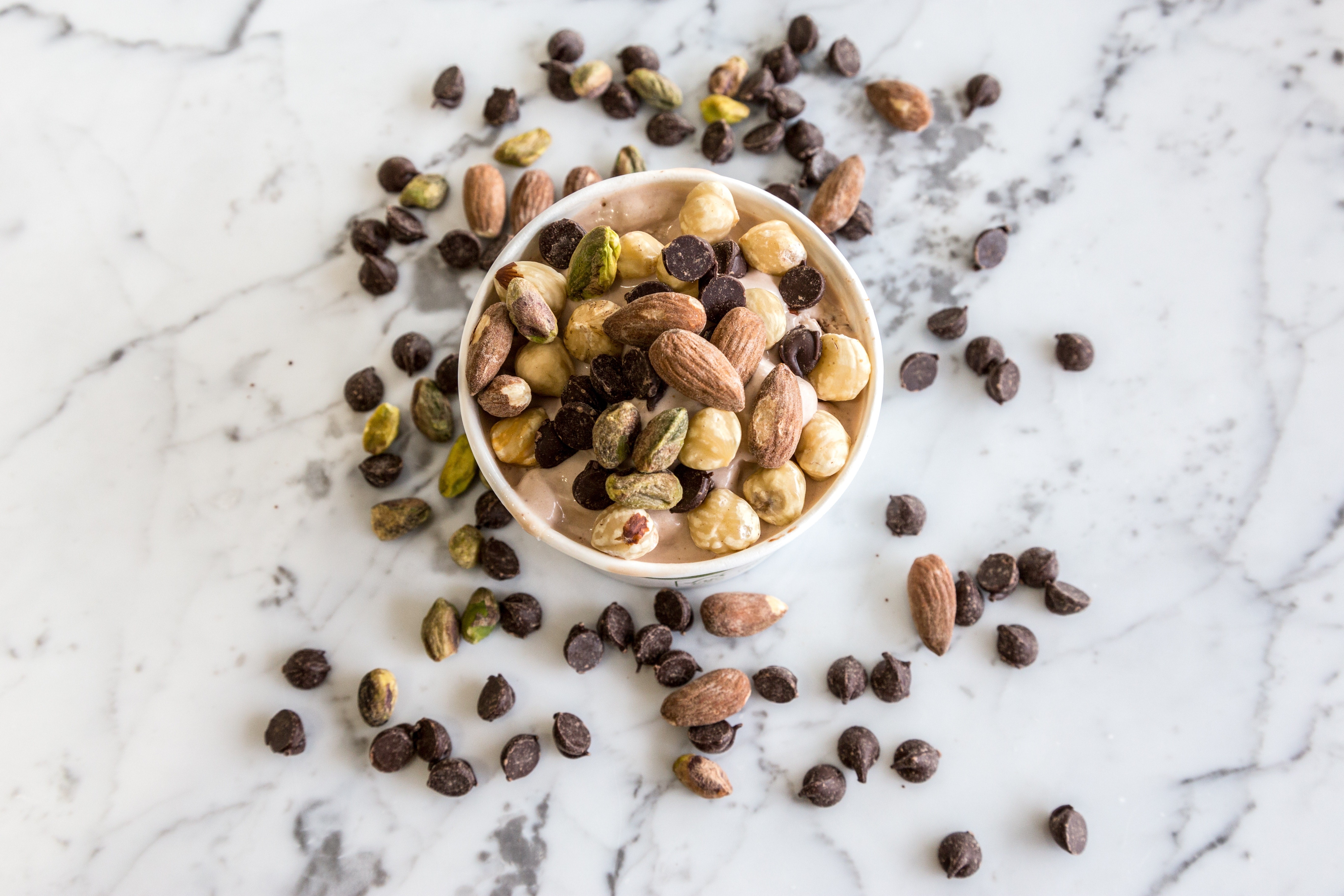 food, nuts, bowls, marble, chocolate, hazelnut, HD Wallpaper