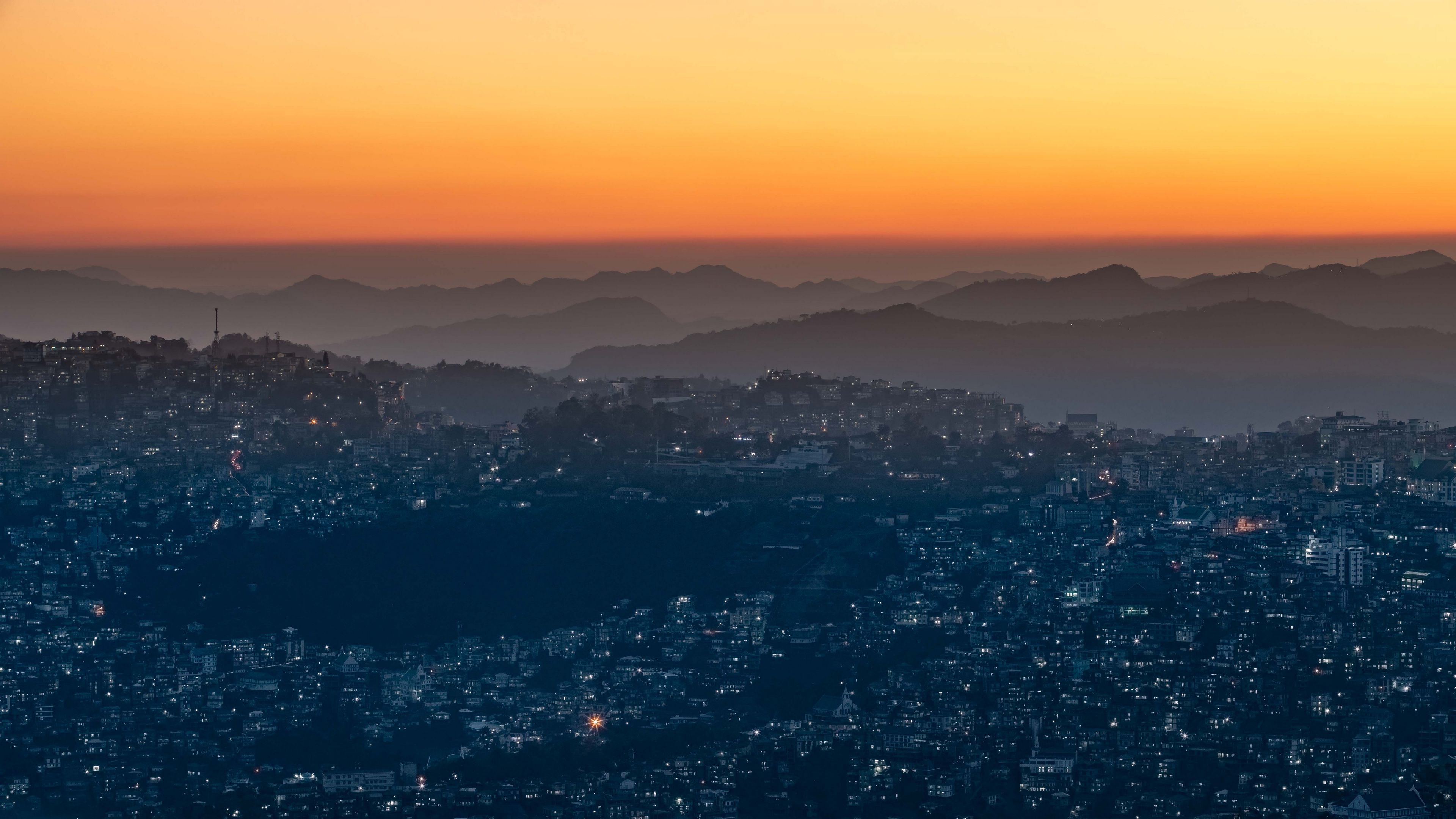 night city, aerial view, sunset, sky, fog, 4k, HD Wallpaper