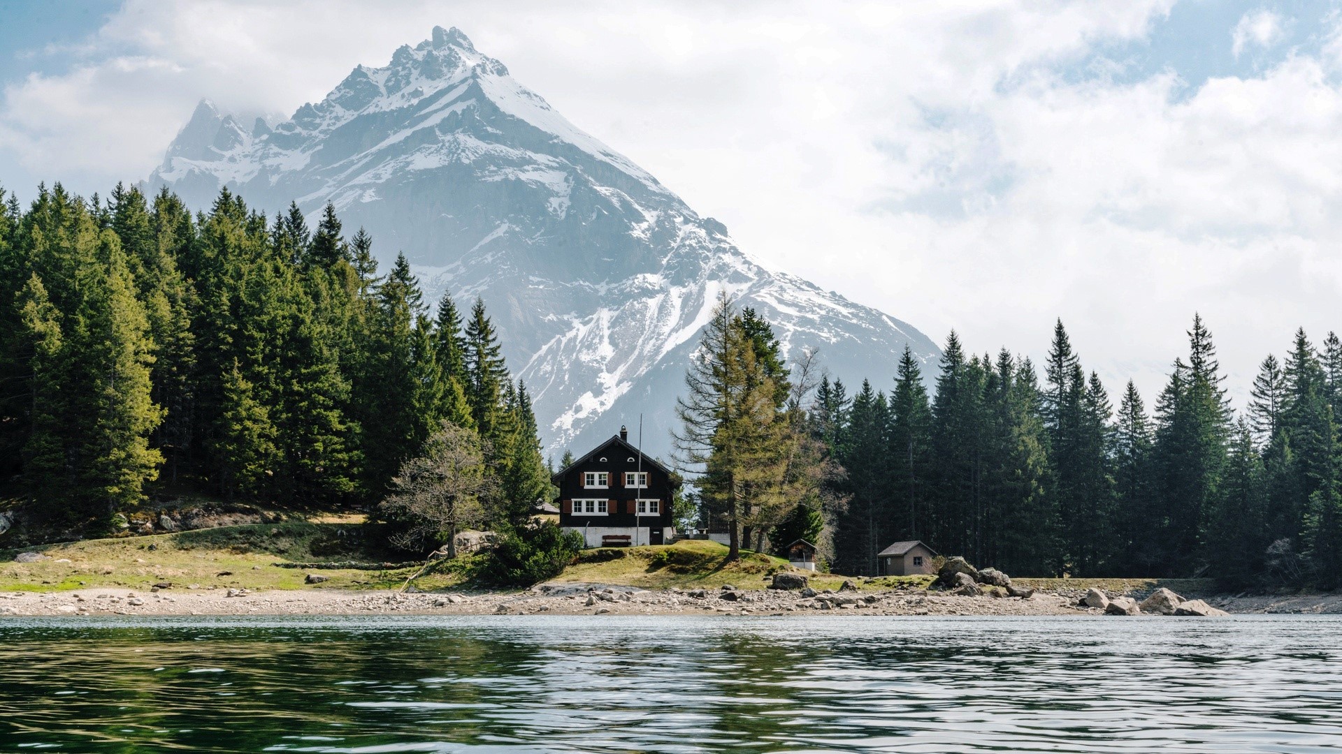 mountains, water, trees, house, HD Wallpaper
