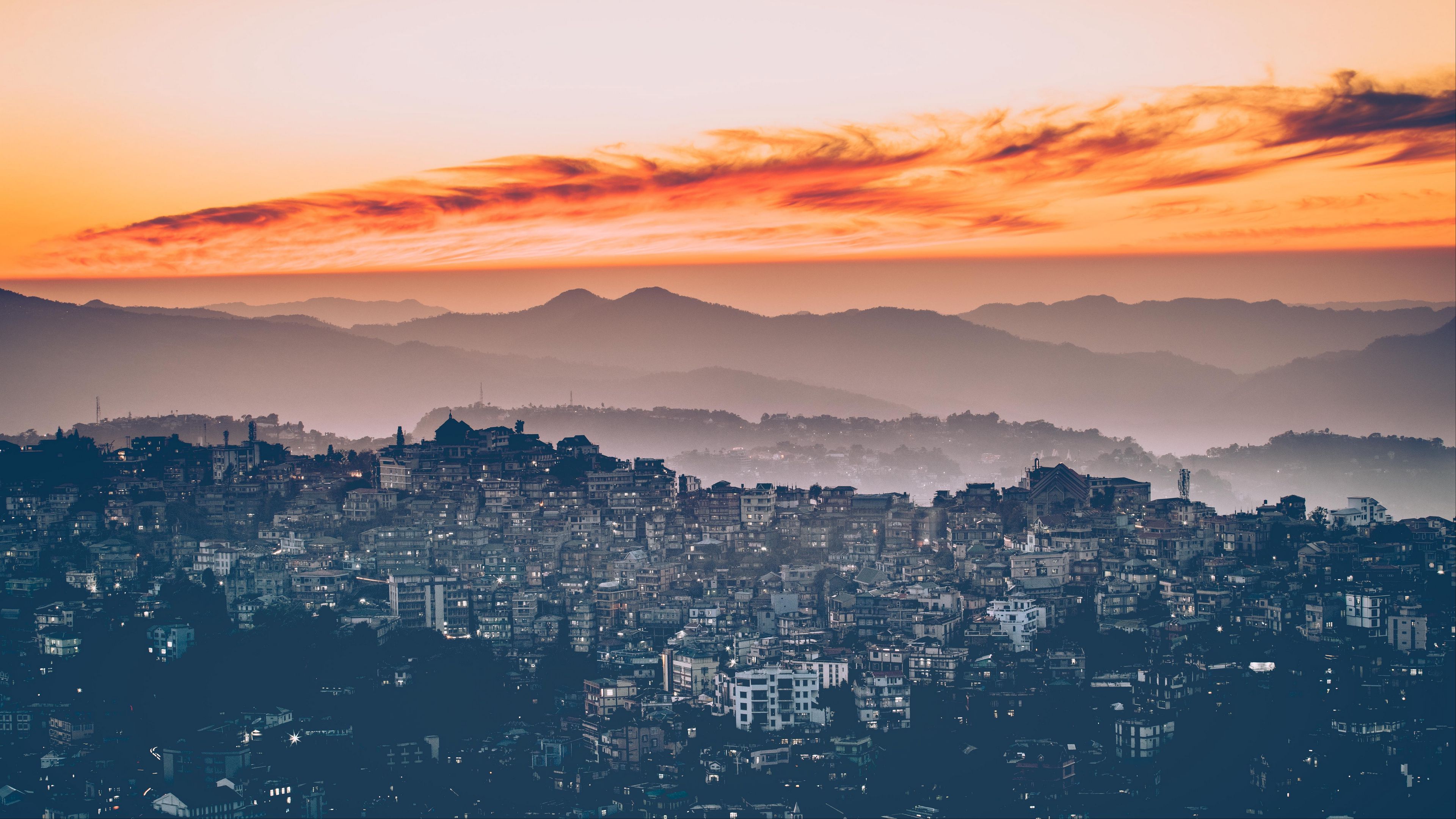 city, aerial view, sunset, fog, sky, 4k, HD Wallpaper
