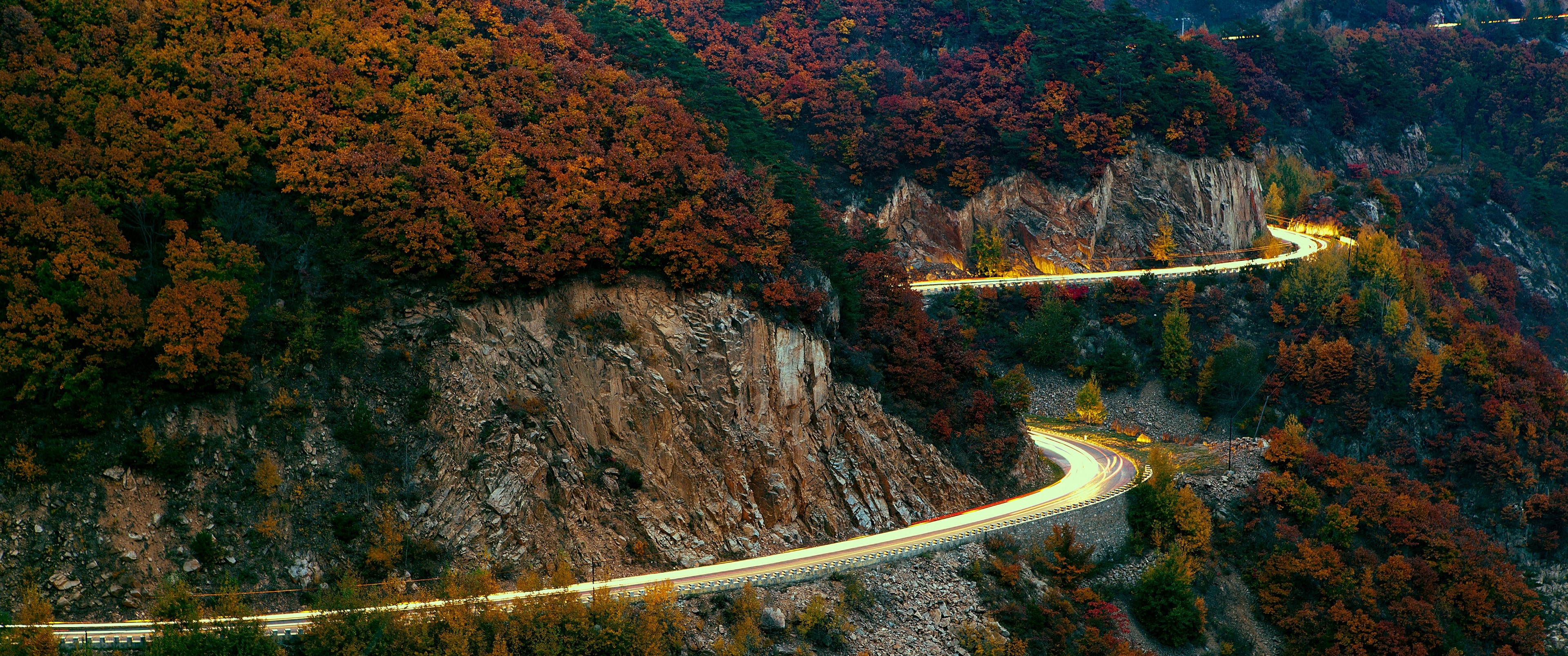 road, light trails, long exposure, landscape, HD Wallpaper