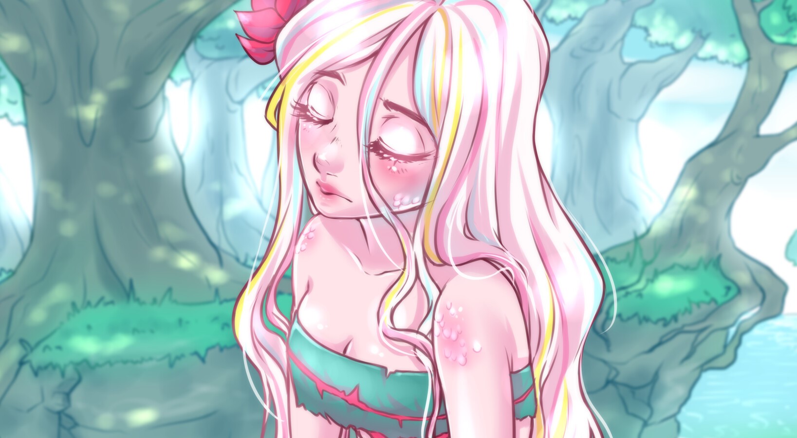 digital, digital art, closed eyes, trees, flower in hair, HD Wallpaper
