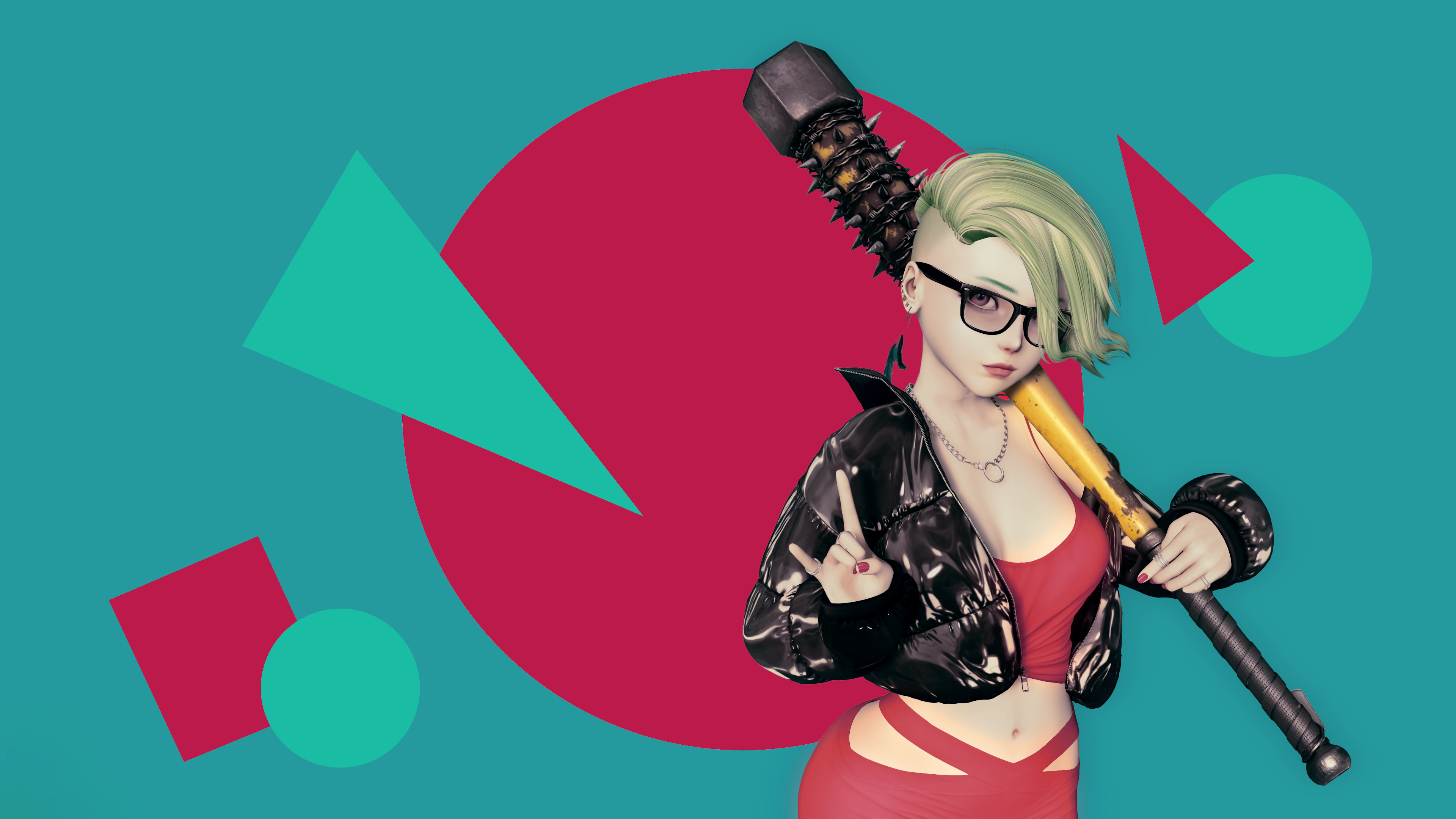 render, vaporwave, science fiction, glasses, anime girls, teal, red, green hair, metal horns, CGI, digital art, HD Wallpaper