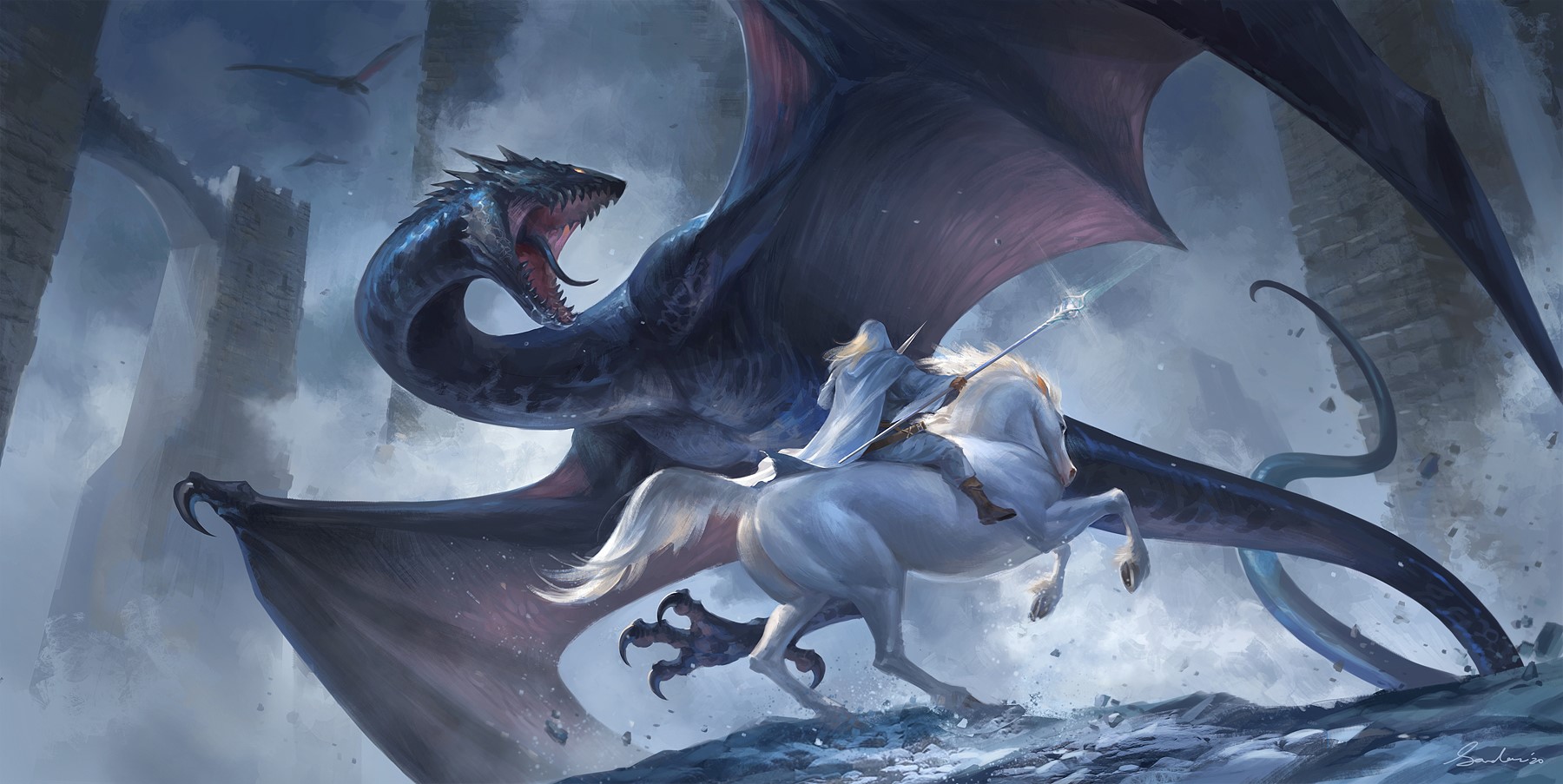 Sandara, drawing, dragon, fantasy art, fighting, horse, animals, magician, men, staff, gallop, teeth, tongue out, HD Wallpaper