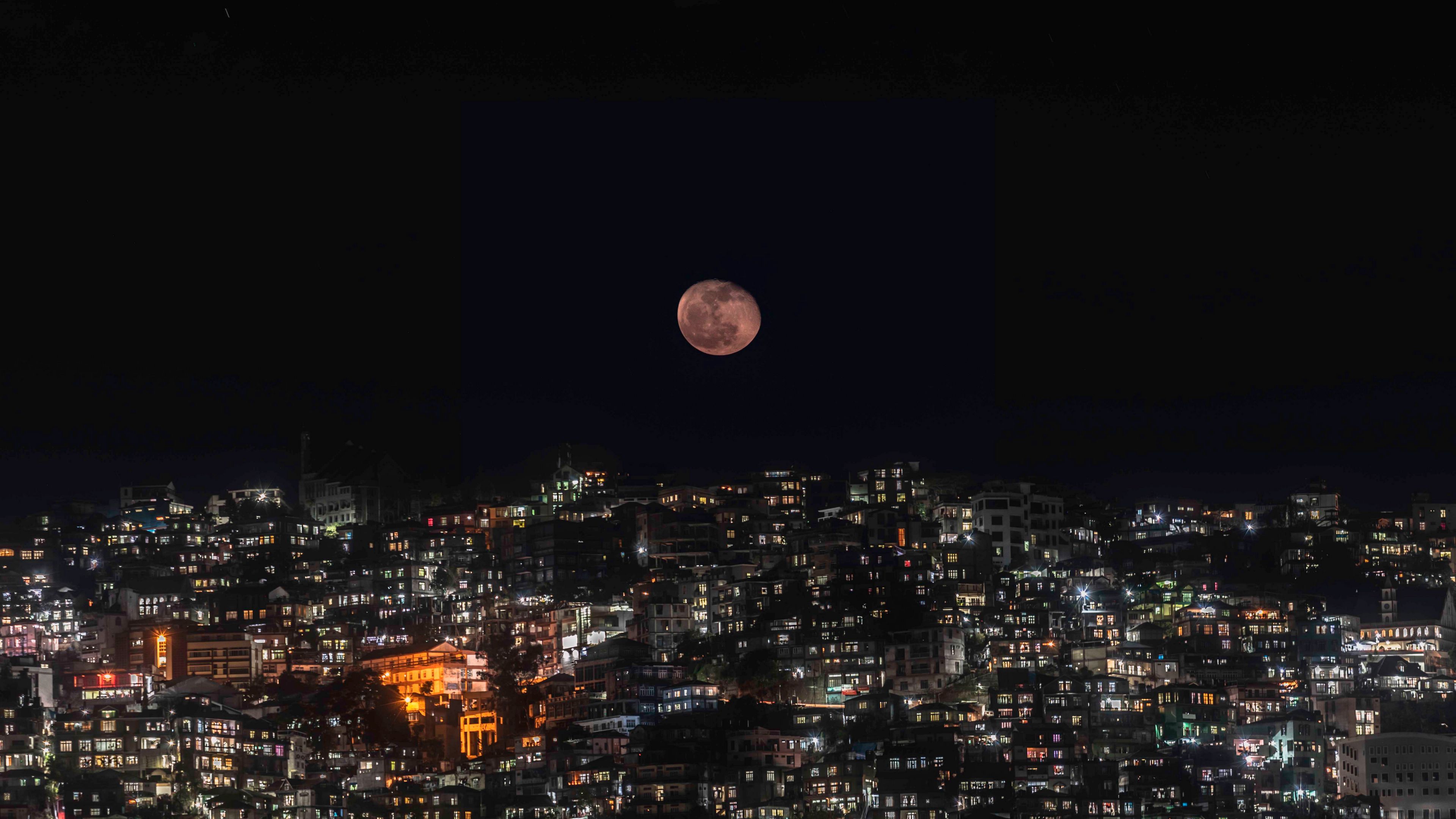 full moon, night city, moon, night, darkness, 4k, HD Wallpaper