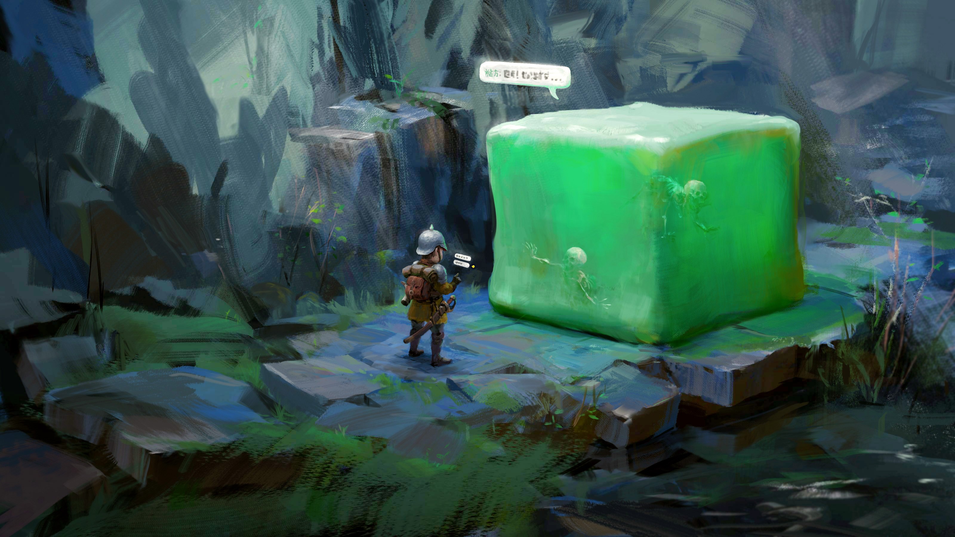 Jonathan Tiong, artwork, digital art, fantasy art, Blob (character), skeleton, green, adventurers, children, helmet, sword, Gelatinous Cube, HD Wallpaper