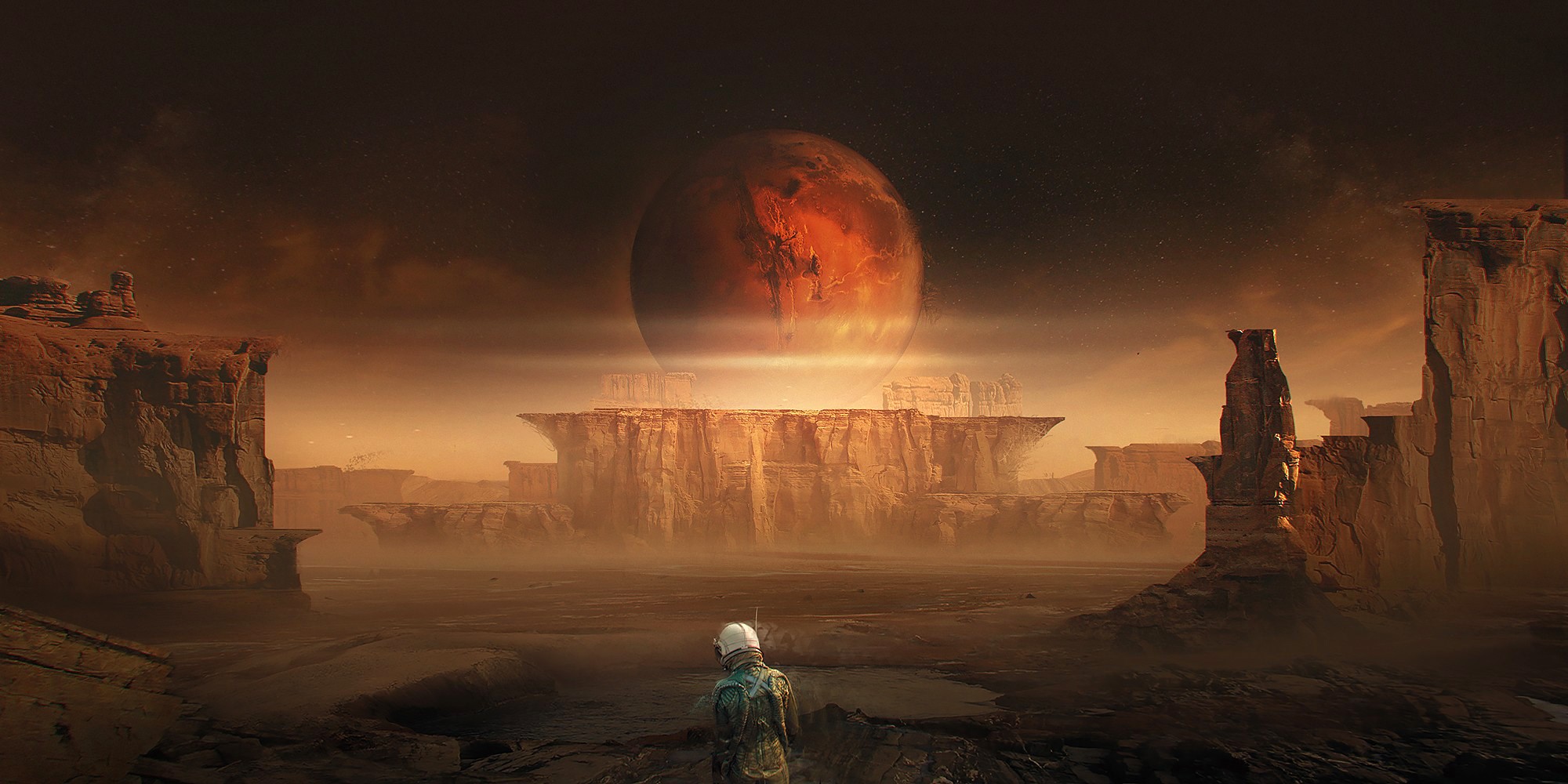 Magdalena Radziej, digital art, science fiction, standing, mountains, alone, spacesuit, helmet, stars, dirt, red, planet, HD Wallpaper