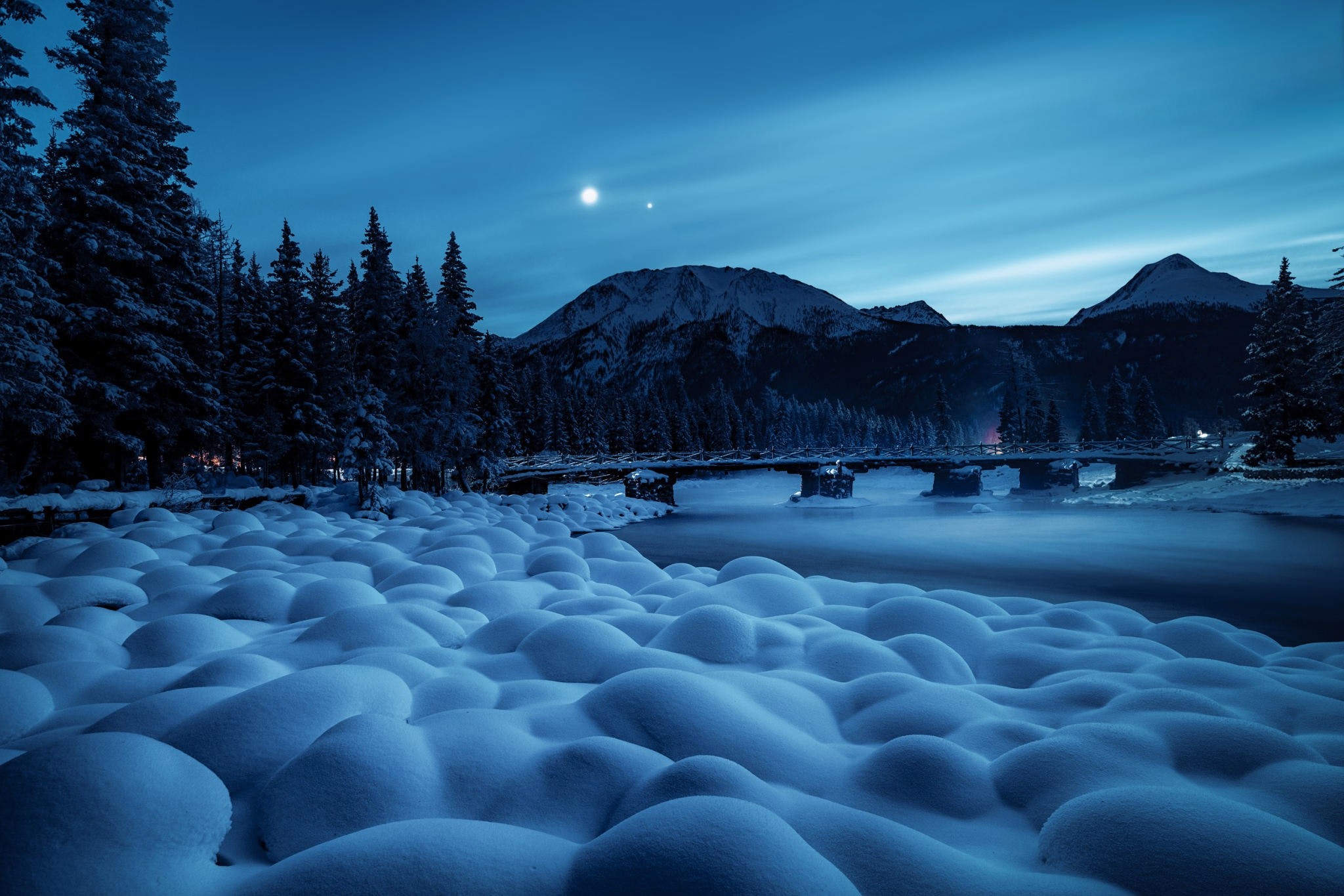 landscape, mountains, sky, water, trees, snow, winter, HD Wallpaper