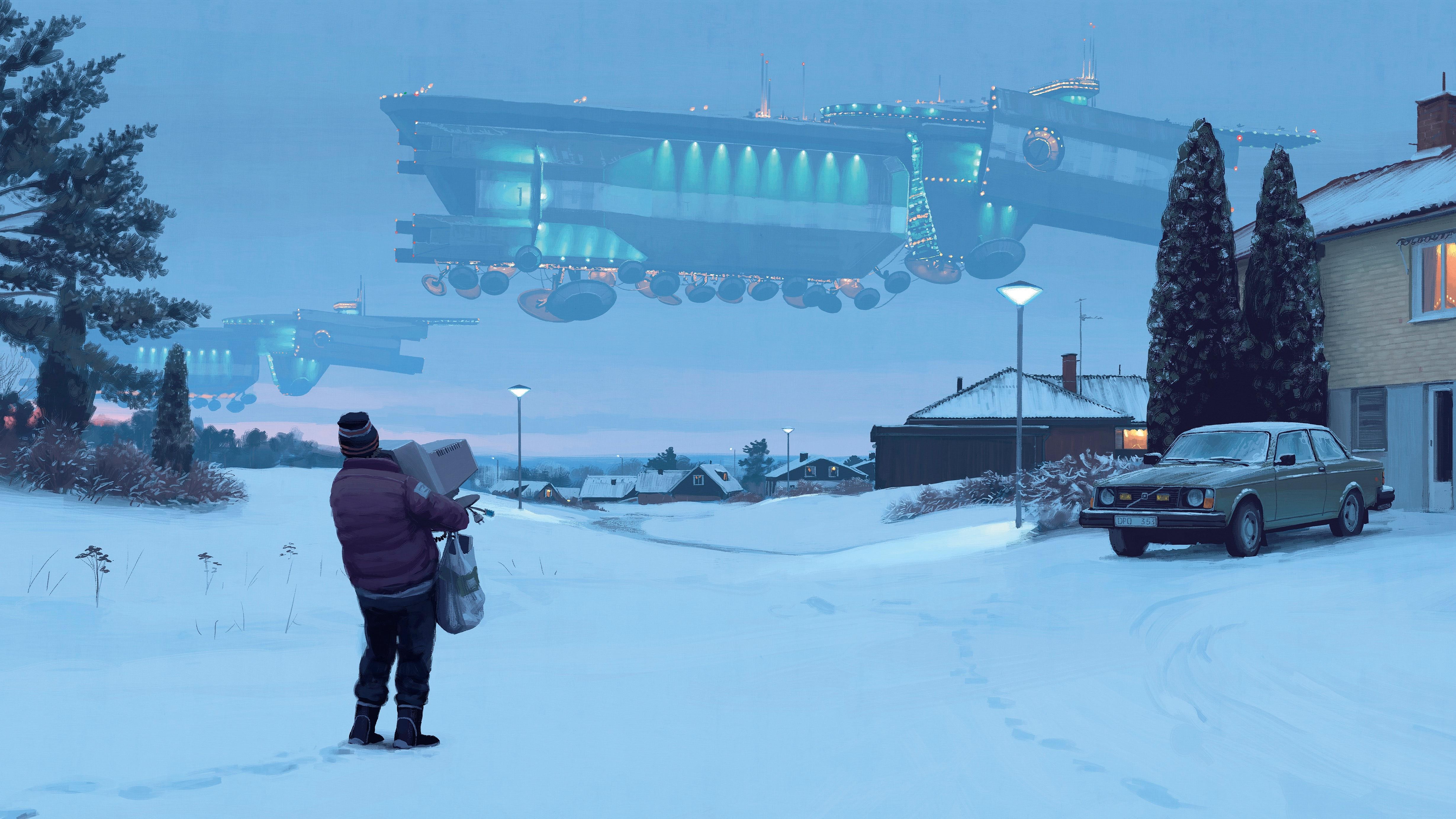 digital art, artwork, 1994 (Year), spaceship, alternate reality, science fiction, computer, monitor, car, snow, winter, trees, village, Simon Stålenhag, Volvo, Volvo 240, HD Wallpaper