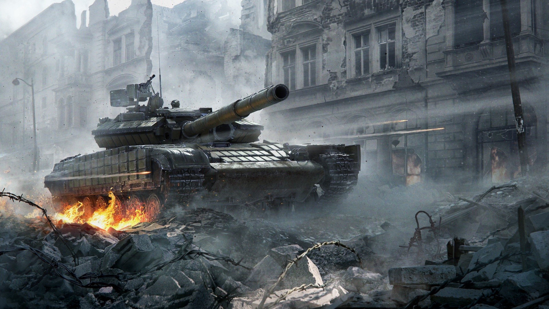 video games, video game art, digital art, War Thunder, military, military vehicle, military aircraft, tank, fire, ruins, HD Wallpaper