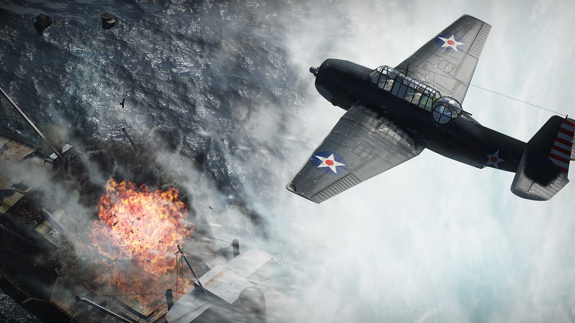 video games, video game art, digital art, War Thunder, airplane, military, military vehicle, military aircraft, explosion, ship, World War II, HD Wallpaper