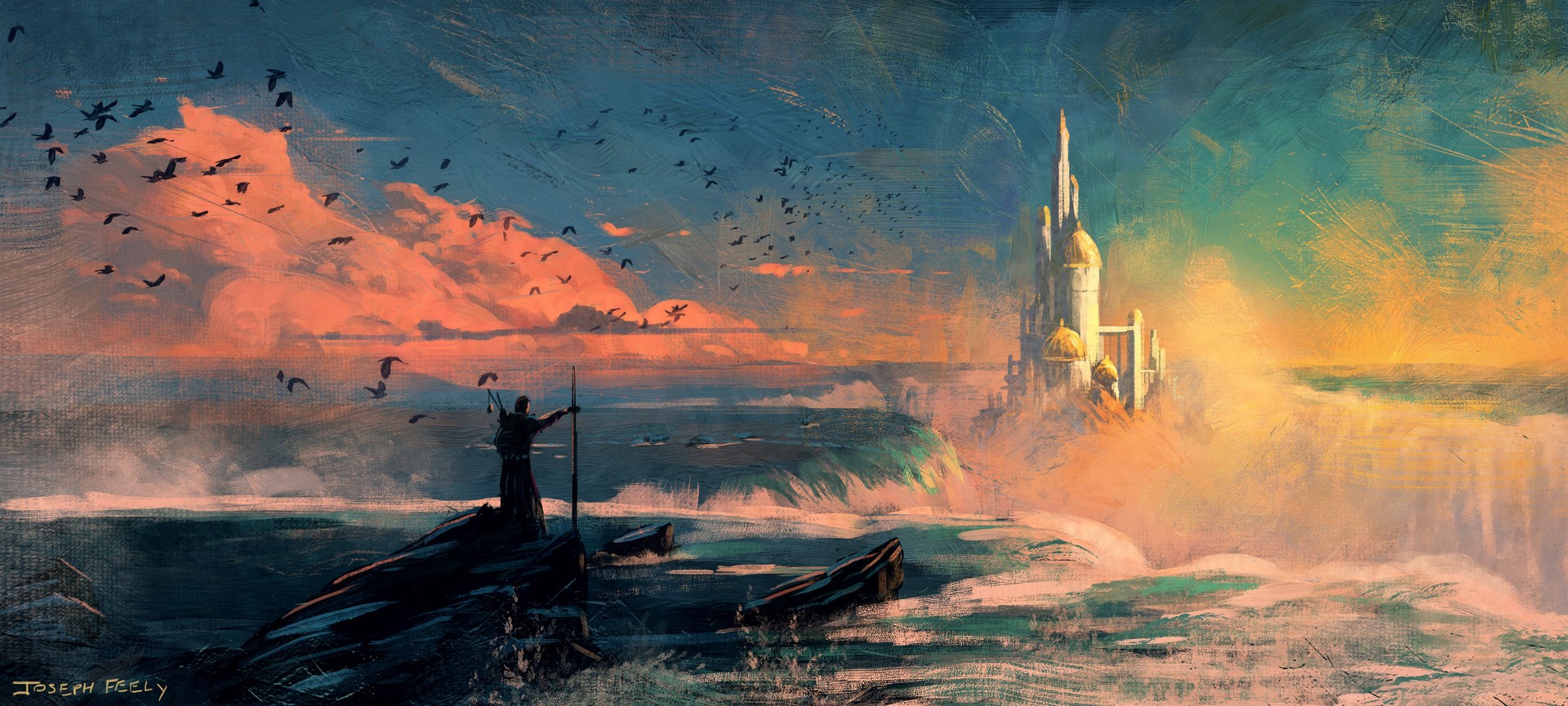 artwork, digital art, castle, waterfall, Joseph Feely, HD Wallpaper