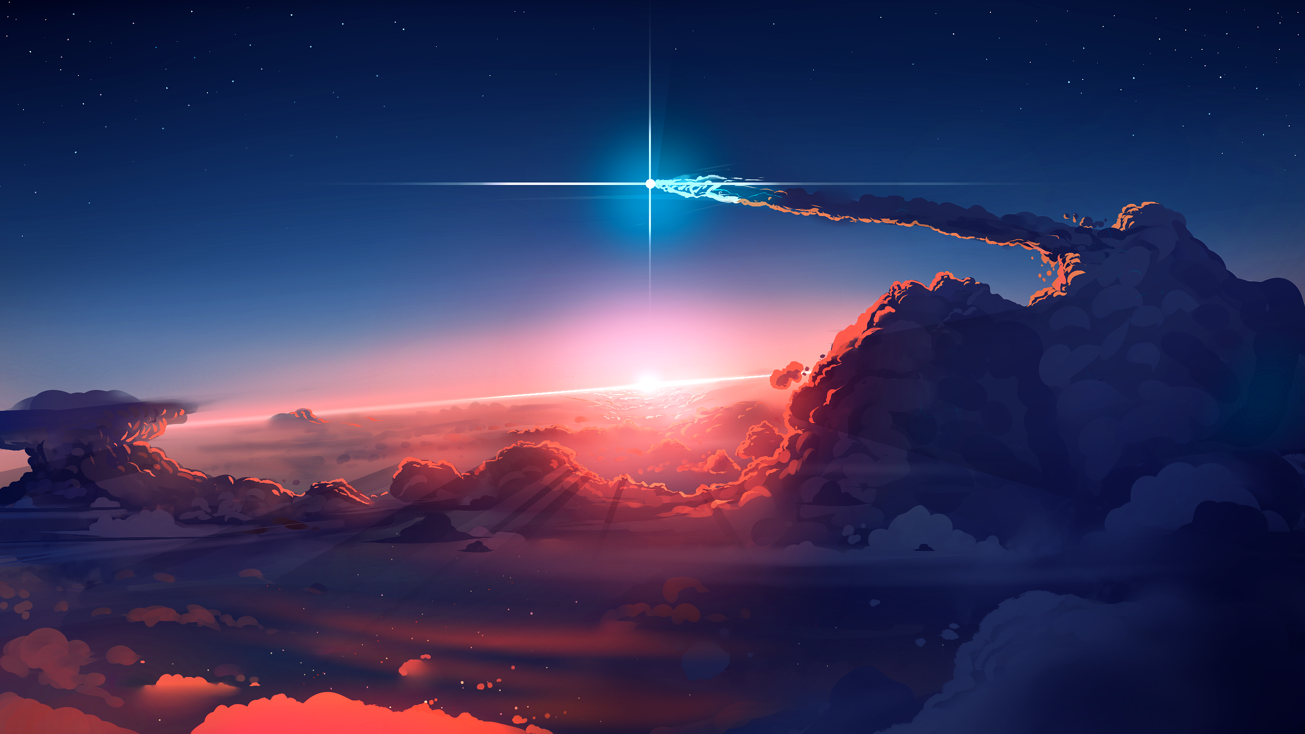 digital art, clouds, Sun, sunlight, stars, sky, HD Wallpaper