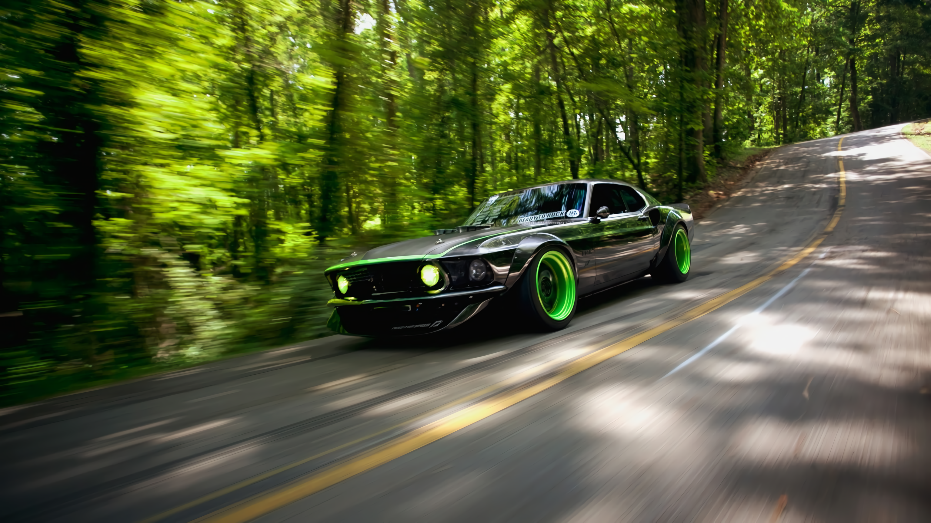nature, green, car, road, sports car, Mustang (Car), photography, trees, HD Wallpaper