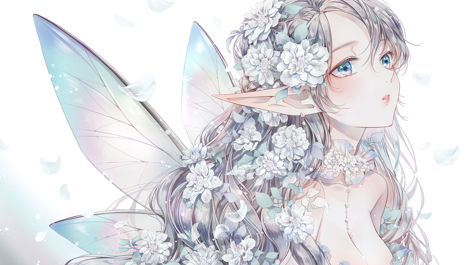 flowers, cleavage, wings, pointy ears, long hair, HD Wallpaper