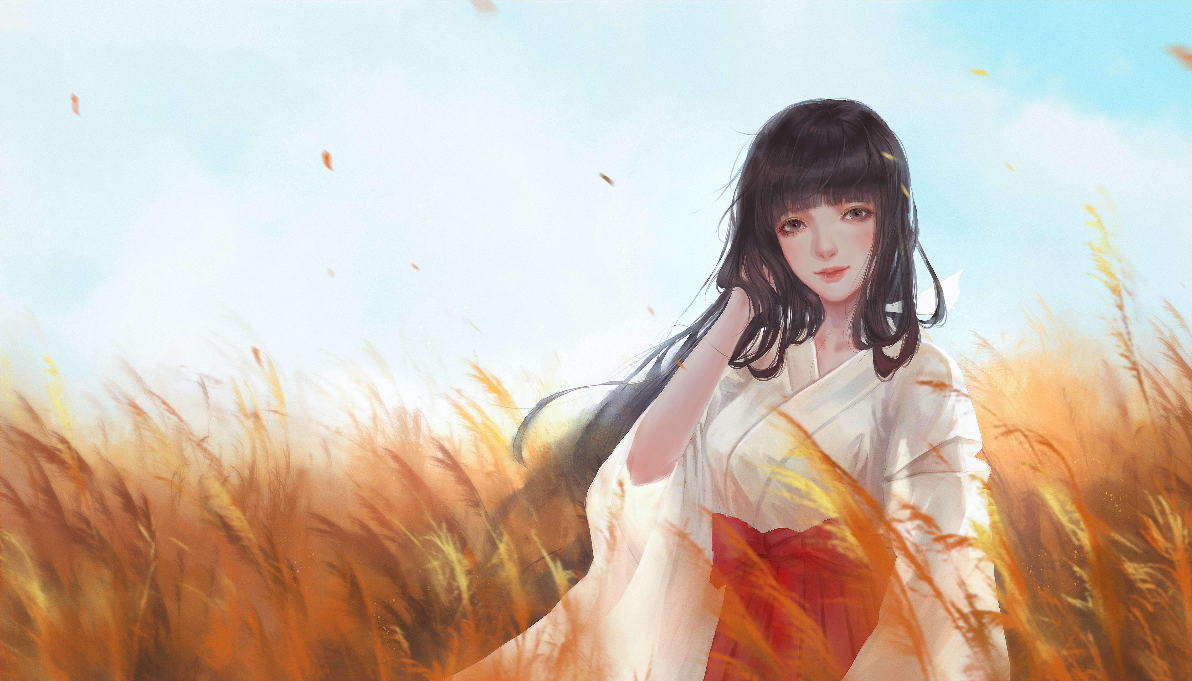 Inuyasha, anime girls, long hair, small boobs, miko, kimono, black hair, smiling, clear sky, blushing, Kikyo, 2D, fan art, red lipstick, black eyes, touching hair, anime, HD Wallpaper