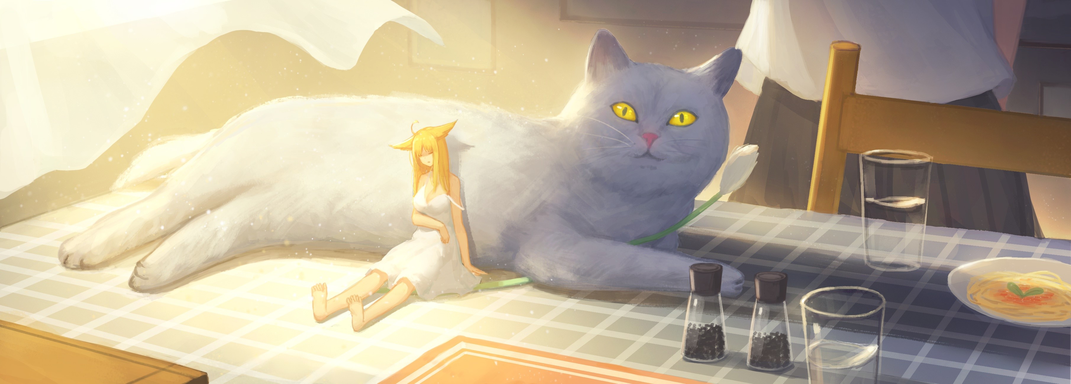 artwork, cats, animal ears, sleeping, HD Wallpaper