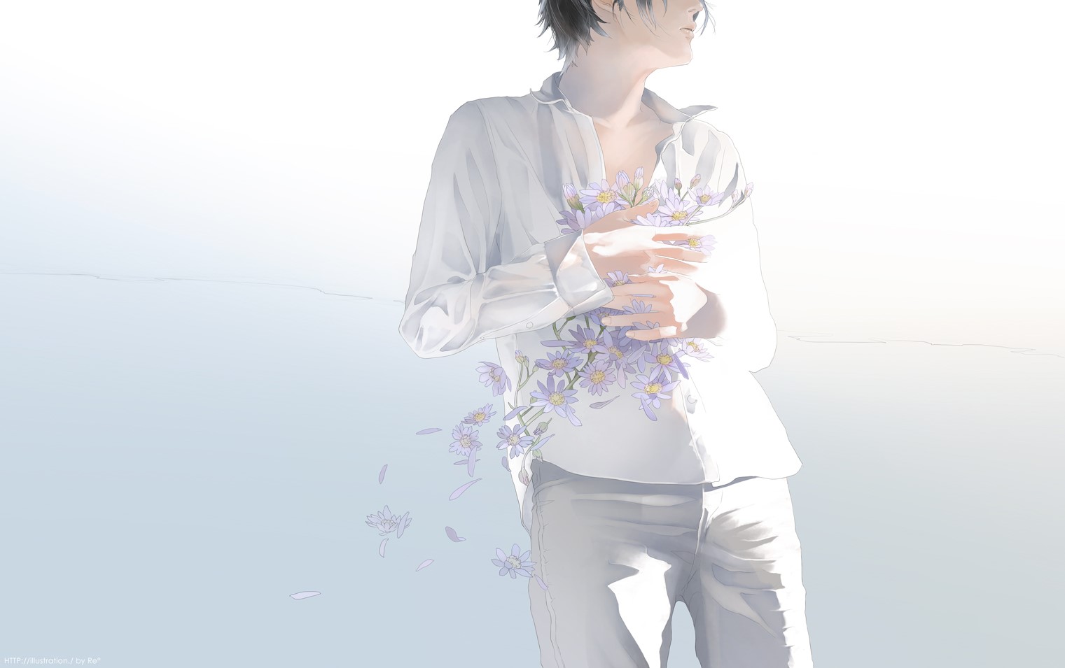 artwork, Re°, black hair, flowers, Male, shirt, HD Wallpaper