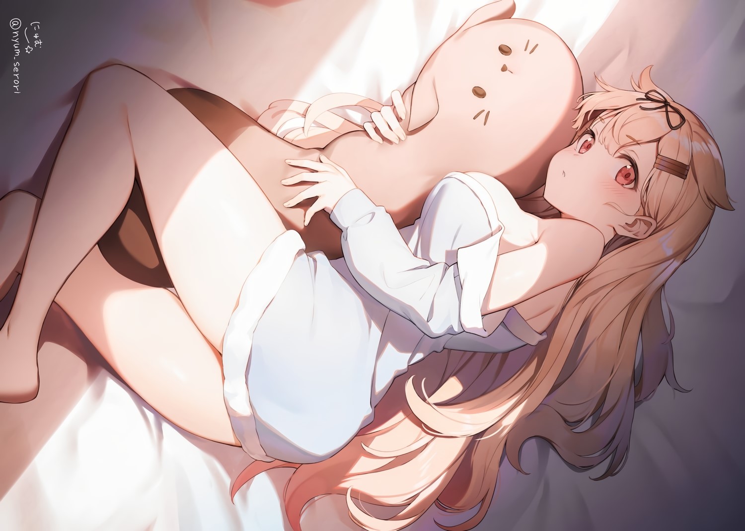 Kantai Collection, Yuudachi (KanColle), anthropomorphism, Nyum Serori, long hair, perky breasts, red eyes, blush, blonde, barefoot, anime, cushion riding, HD Wallpaper