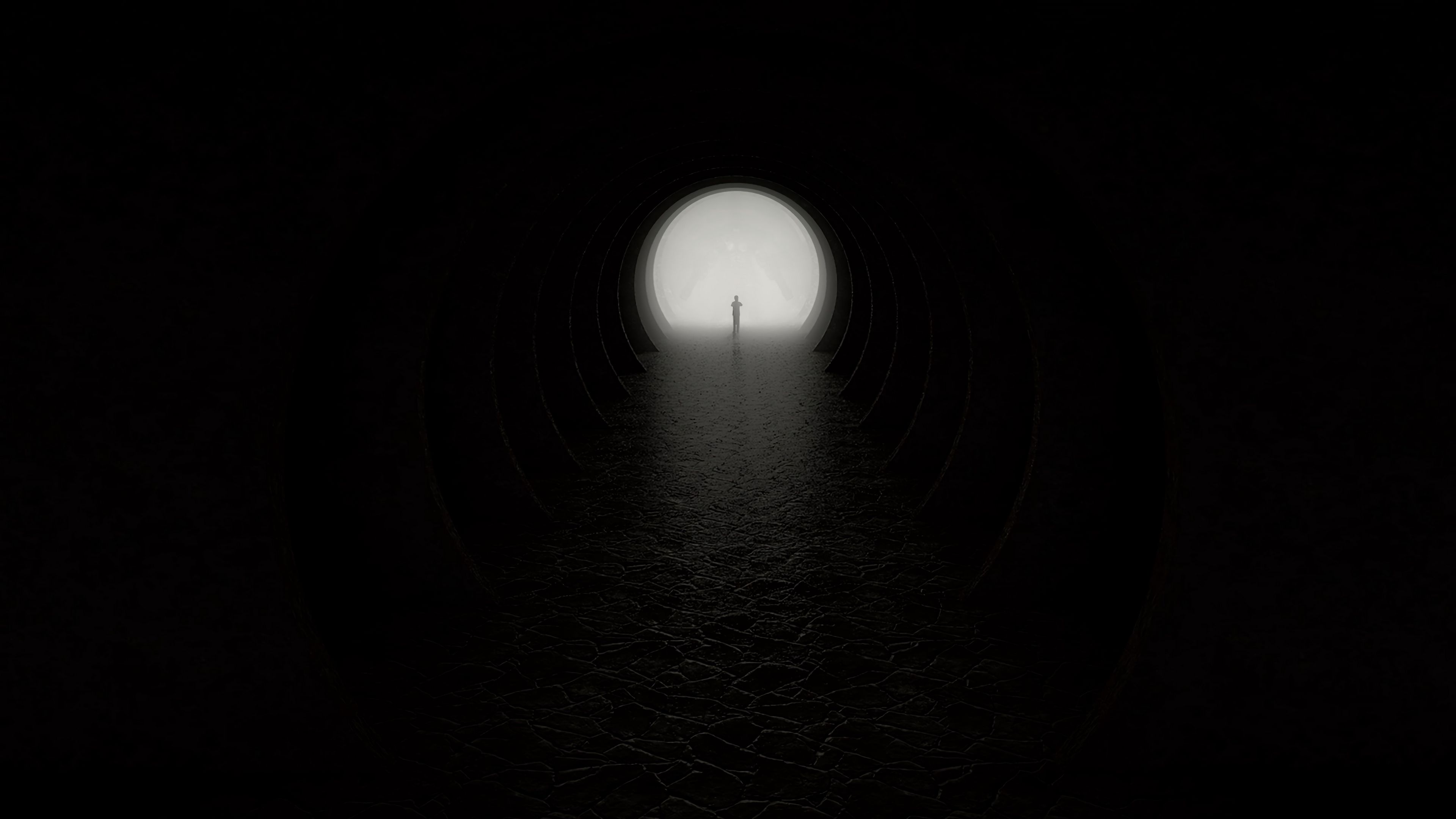 cave, silhouette, darkness, circle, exit, 4k, HD Wallpaper