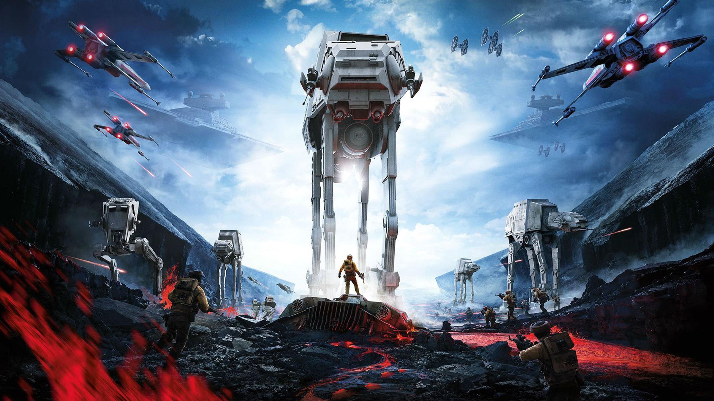 Star Wars Battlefront II, video games, video game art, digital art, AT-AT, AT-ST, X-wing, soldier, lava, Star Wars Ships, TIE Fighter, HD Wallpaper