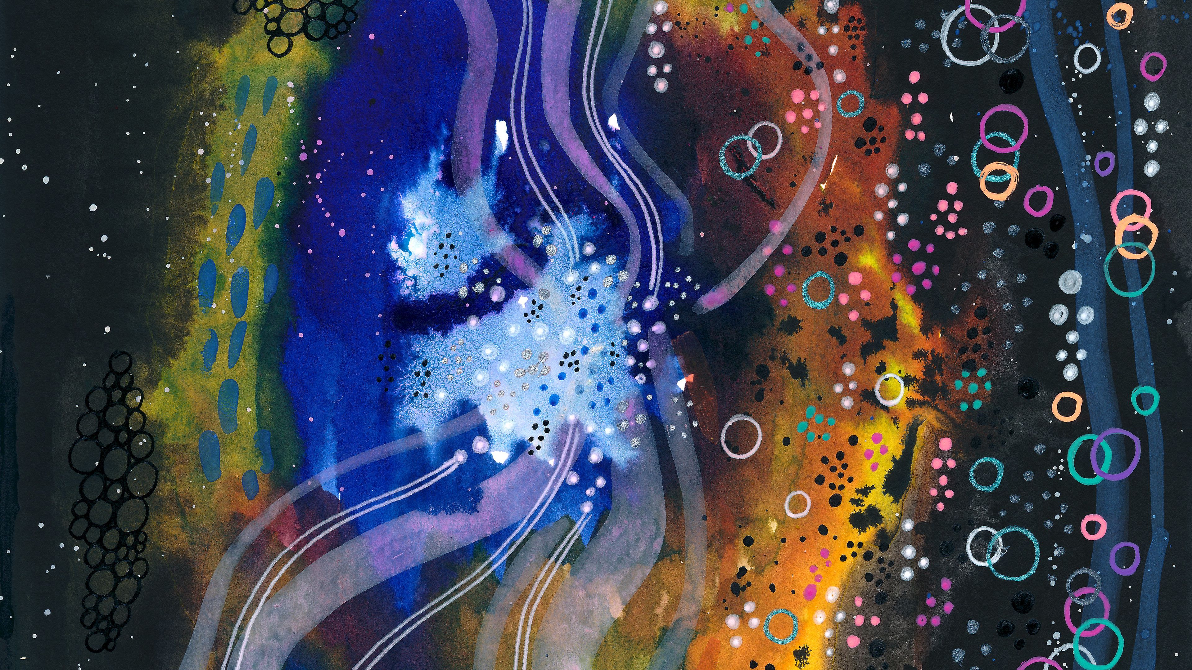 watercolor, paint, patterns, colorful, circles, lines, abstraction, 4k, HD Wallpaper