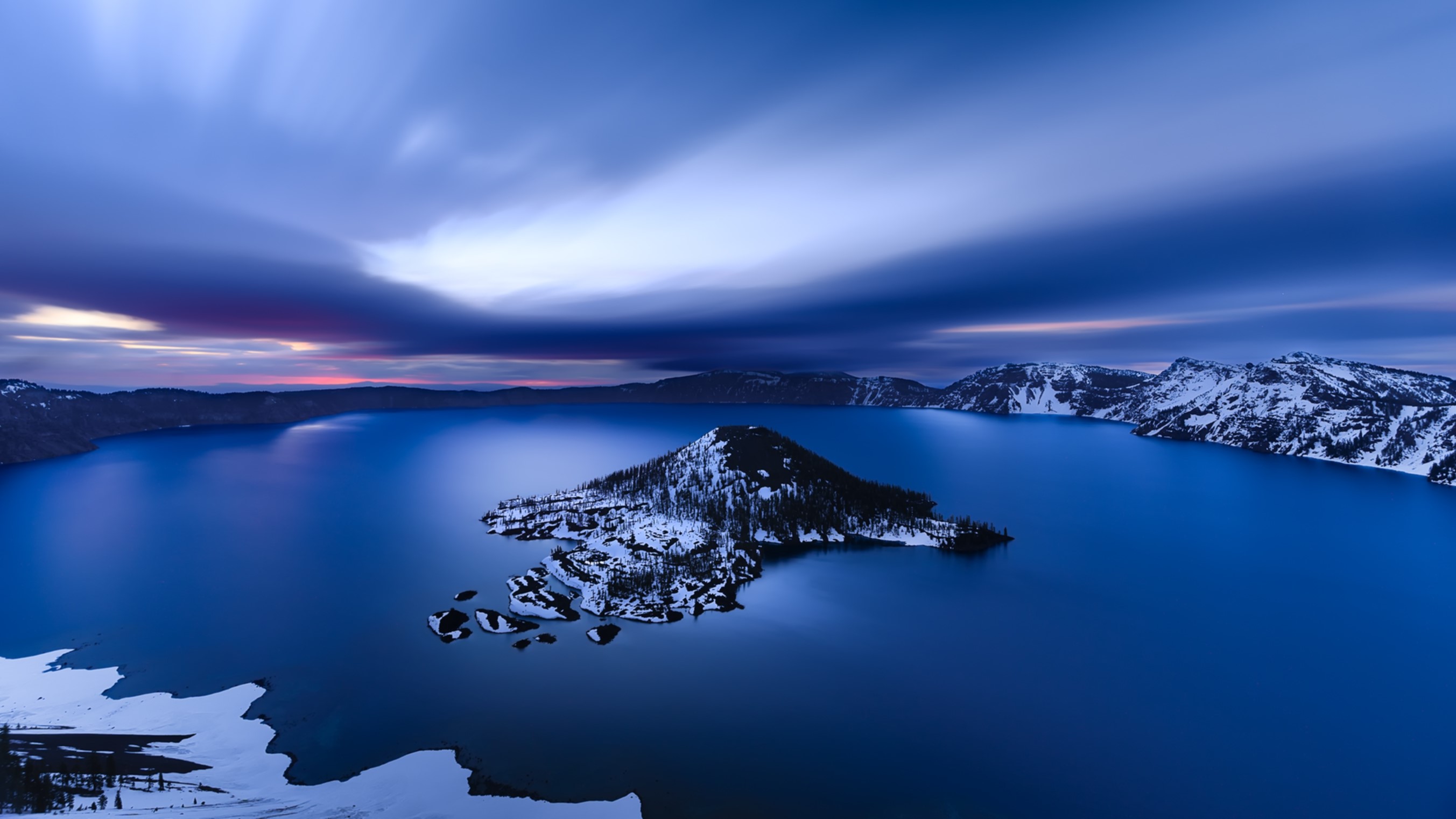 landscape, mountains, snow, lake, long exposure, island, HD Wallpaper
