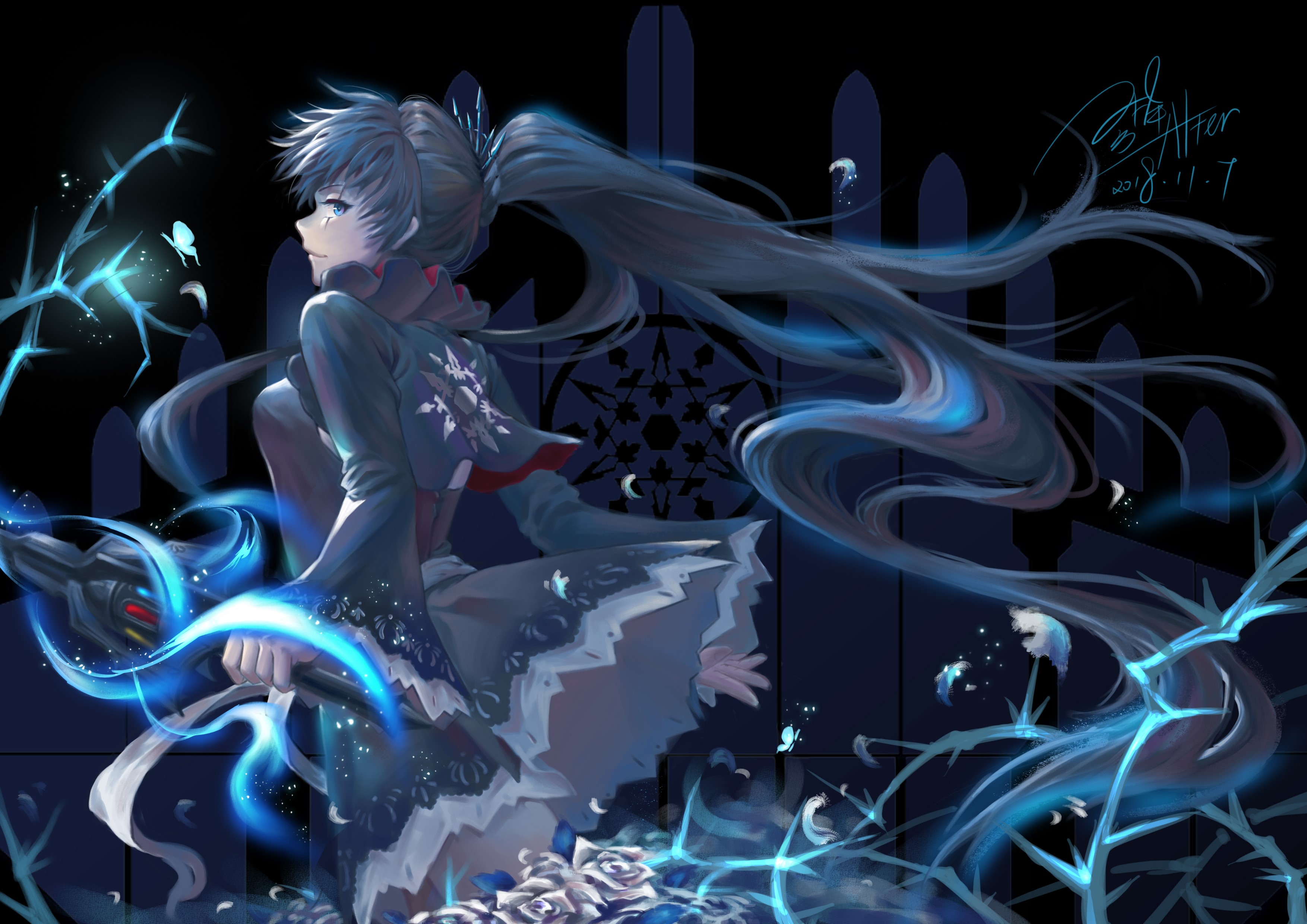 RWBY, digital art, anime girls, fan art, Weiss Schnee, long hair, white hair, blue eyes, skirt, frost, rapier, Myrtenaster, pigtails, HD Wallpaper