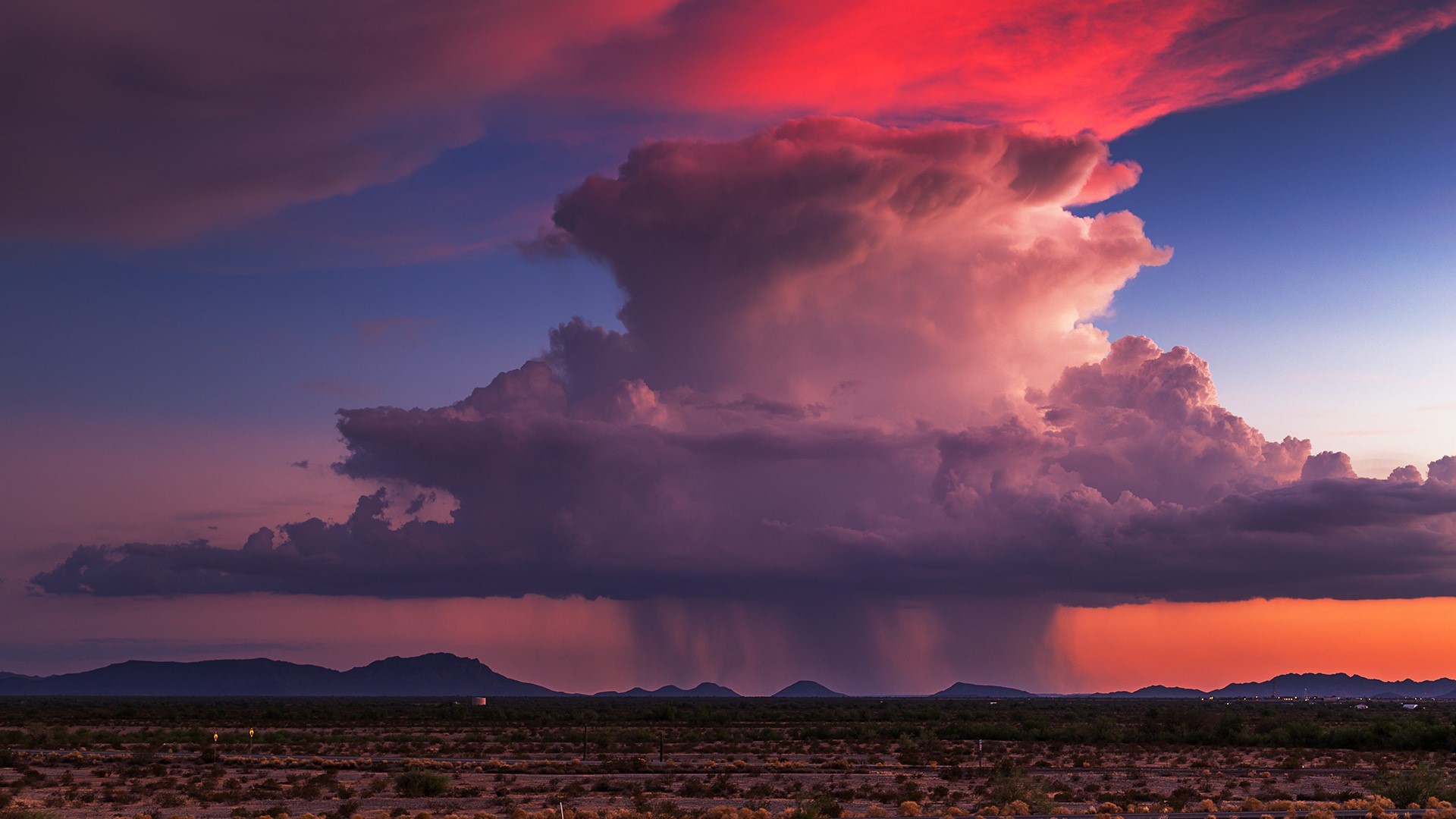 clouds, sky, sunset, plants, signboard, road, mountains, rain, lights, Arizona, USA, HD Wallpaper