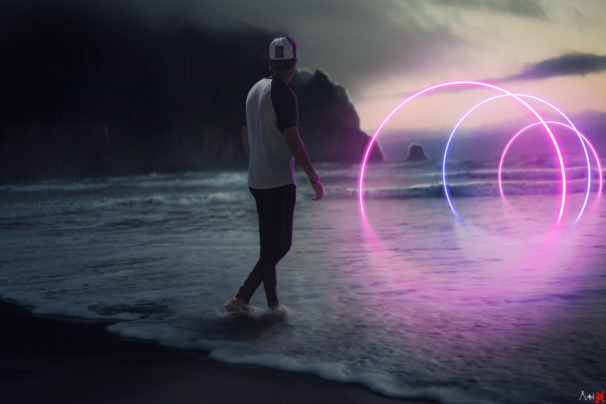 Photoshop, people, neon, sea foam, beach, mountain top, colorful, HD Wallpaper
