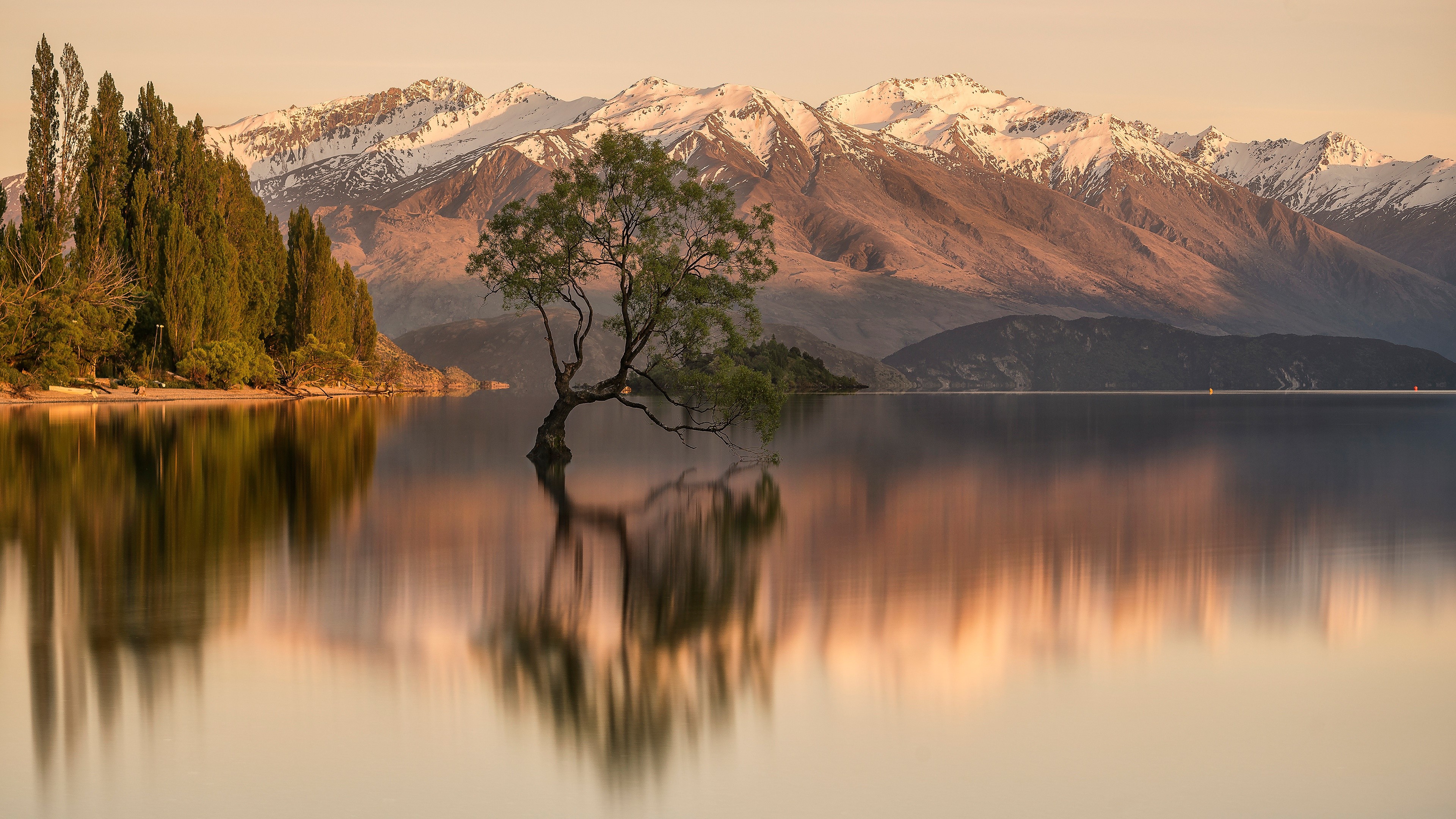 mountains, sky, snow, trees, lake, water, HD Wallpaper