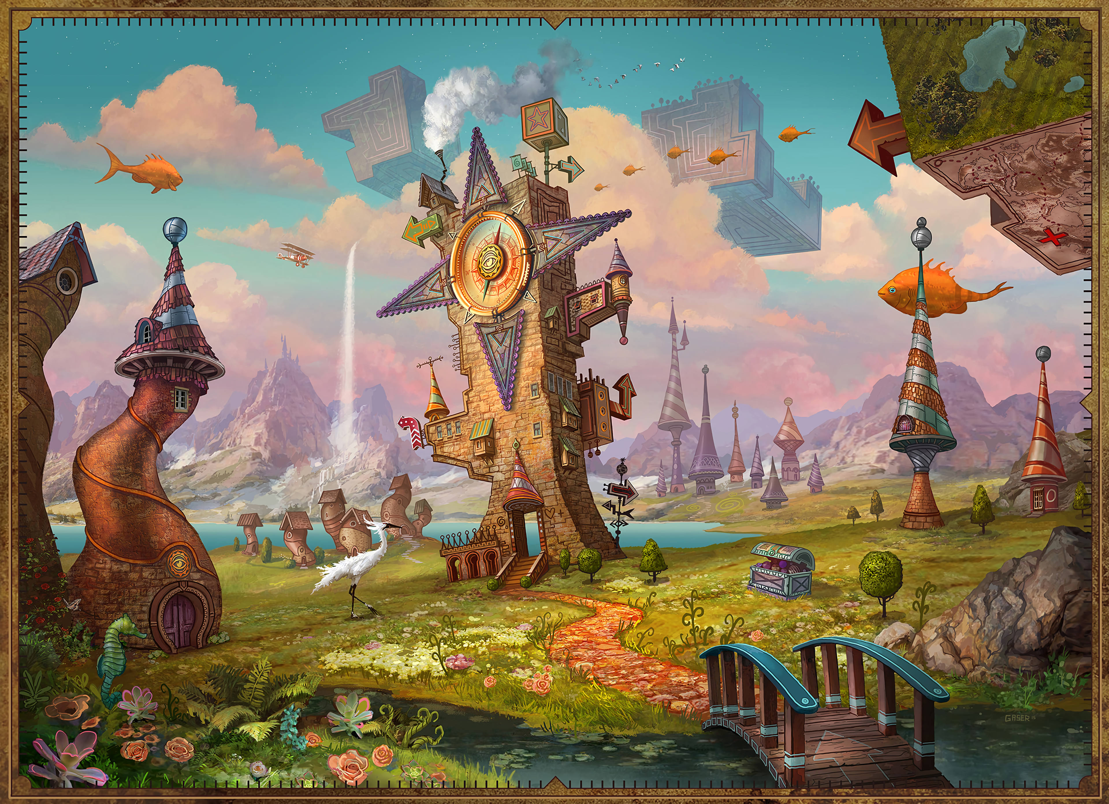 concept art, clouds, fish, sky, waterfall, airplane, arrows (design), sea gulls, HD Wallpaper