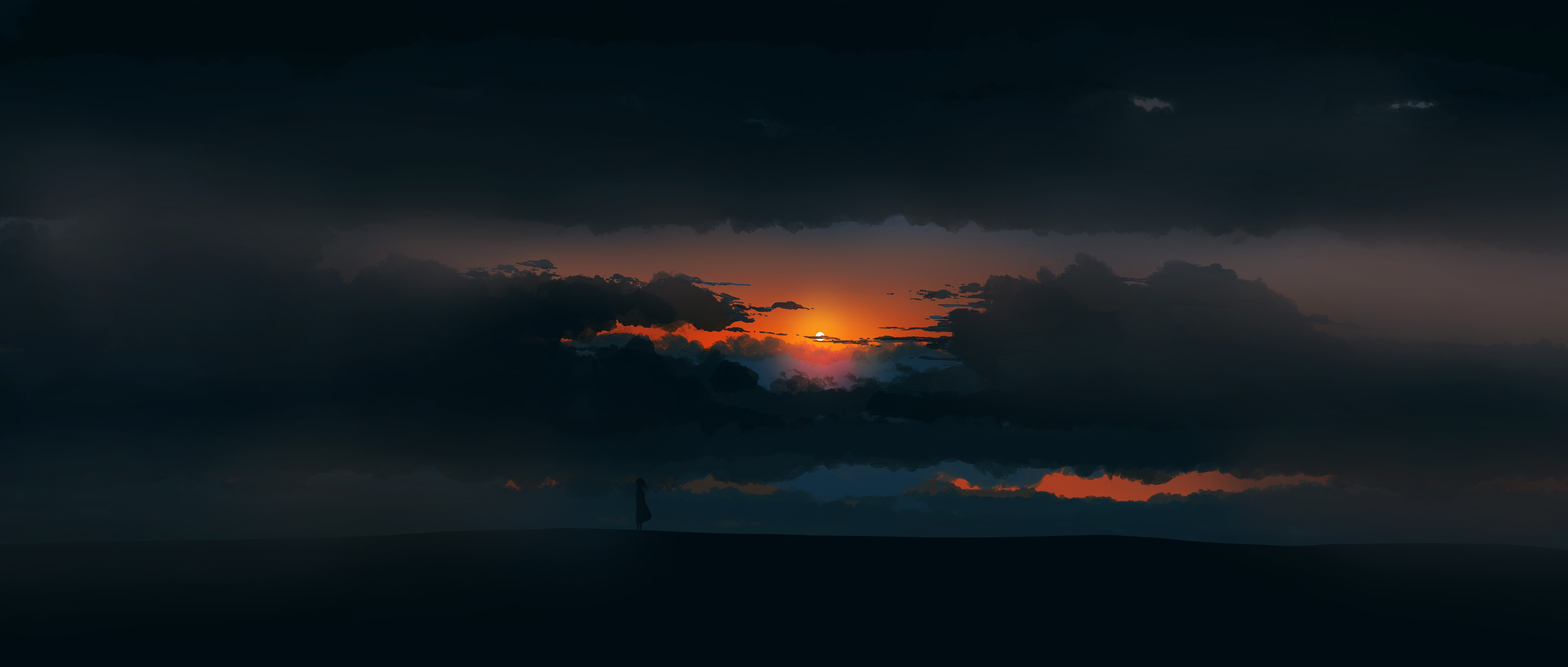 digital, illustration, landscape, artwork, sunset, minimalism, desert, dark, drawing, nature, environment, solo, fantasy art, women, HD Wallpaper